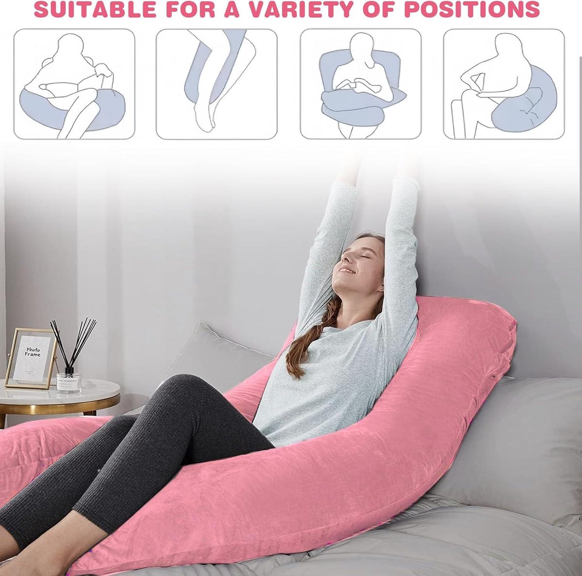 U-Shaped Pillowcase Cotton Cover Pregnancy Pillow Detachable Body Pillow - Adults Nursing Pillow Machine Washable - 140 x 80 cm - Pink Grey Body Pillow