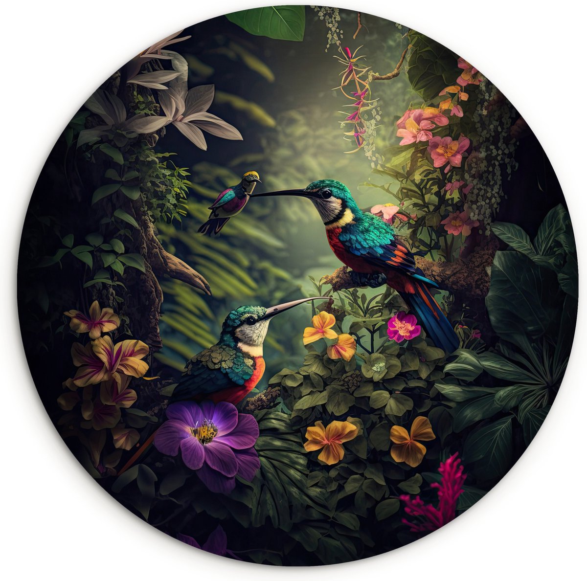 Wall circle jungle - Flowers - Plants - Tropical - Round paintings - Wall circle - Round wall decoration - 60x60 cm - Wall decoration circle - Bedroom - Room decoration