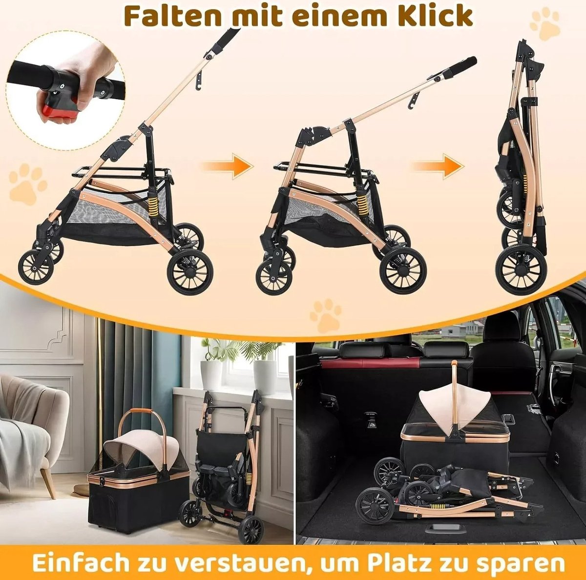 Luxe hondenbuggy - Hondenbuggy inklapbaar - 40 kg draagcapaciteit - Duitse kwaliteit - Opvouwbaar tot transportbench - Grote opbergruimte - Waterdicht materiaal