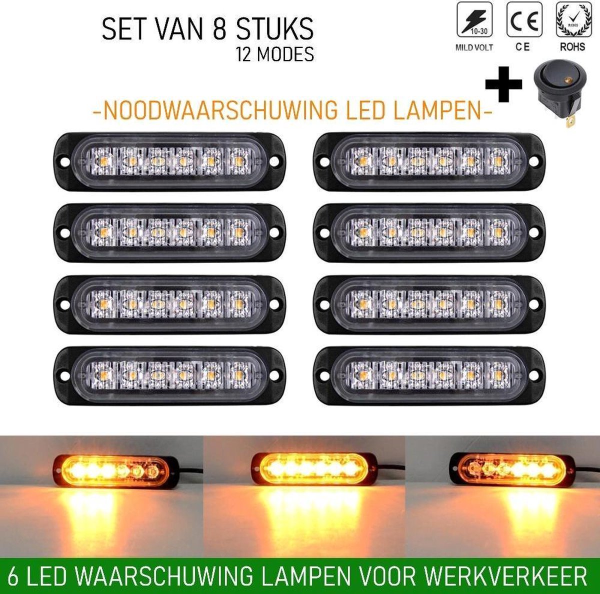 8-pack waarschuwingslampen - 12V/24V LED - 18W - 2000K - Noodverlichting - Werkverkeer - 6 LED - 18 standen - Flitspatronen - AMBER - Oranje - Knipperlichten - Waarschuwingslichten - Knipperlicht - Gevaar - Noodverlichting - Knipperlichten