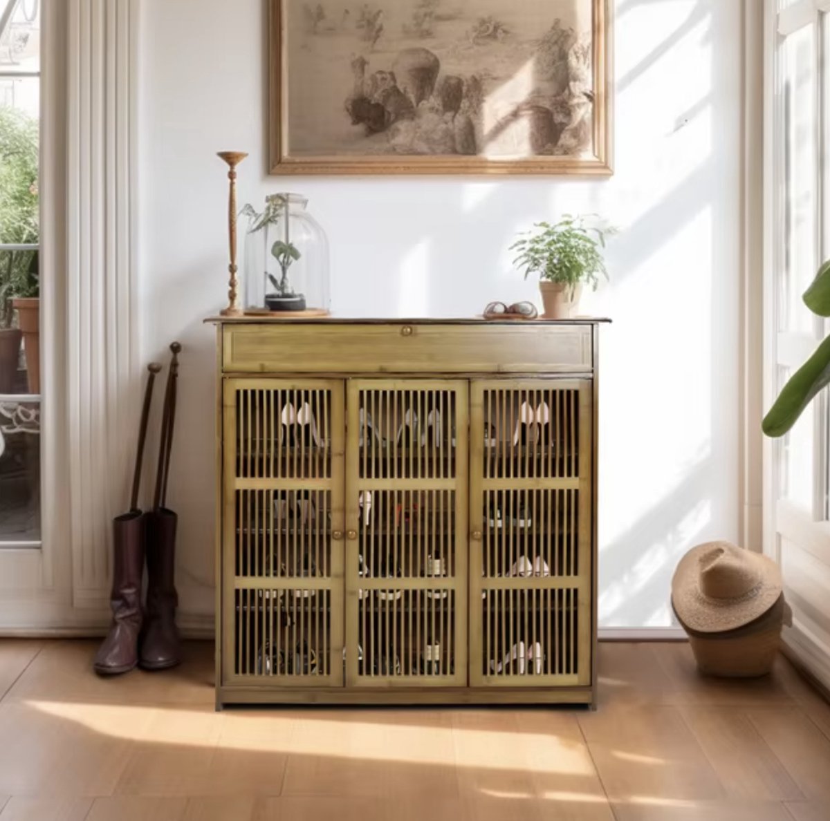 J&R Schoenenkast - Houten kast - 3 deuren - 4 planken - Opbergvak - Keukenkast - Gangkast - Eetkamerkast - Bamboe - Dressoir - Lichtbruin