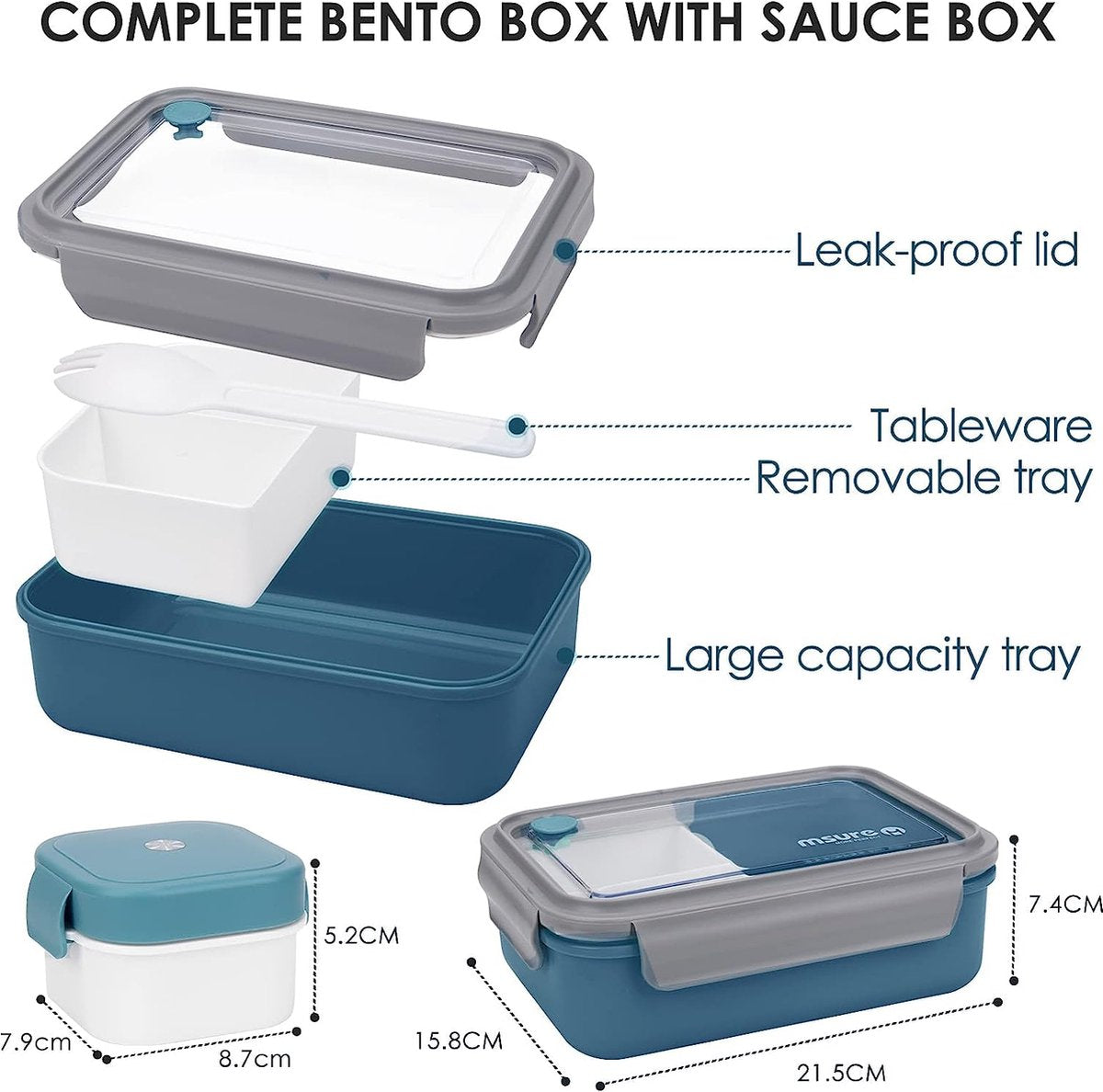 Broodtrommel met vakken, 1500 ml, lunchbox voor volwassenen/kinderen, snackdoos met bestek en klein blikje, lekvrije broodtrommel met onderverdeling, bentobox voor school, werk, picknick, reizen (blauw)
