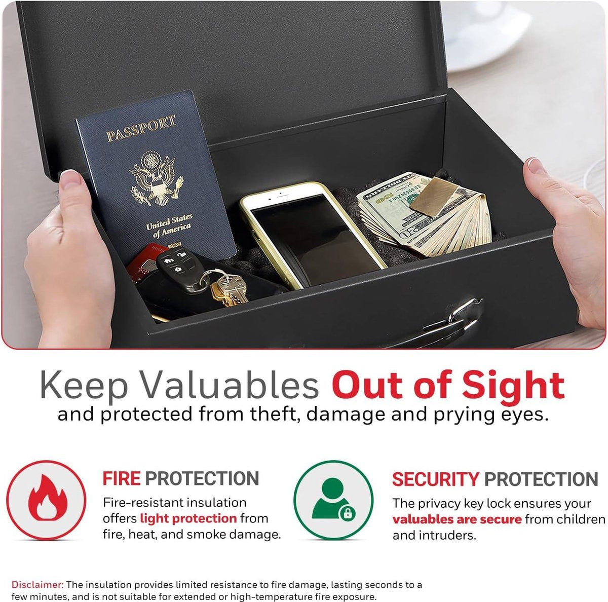 Fireproof steel security box 5L - black with 2 keys