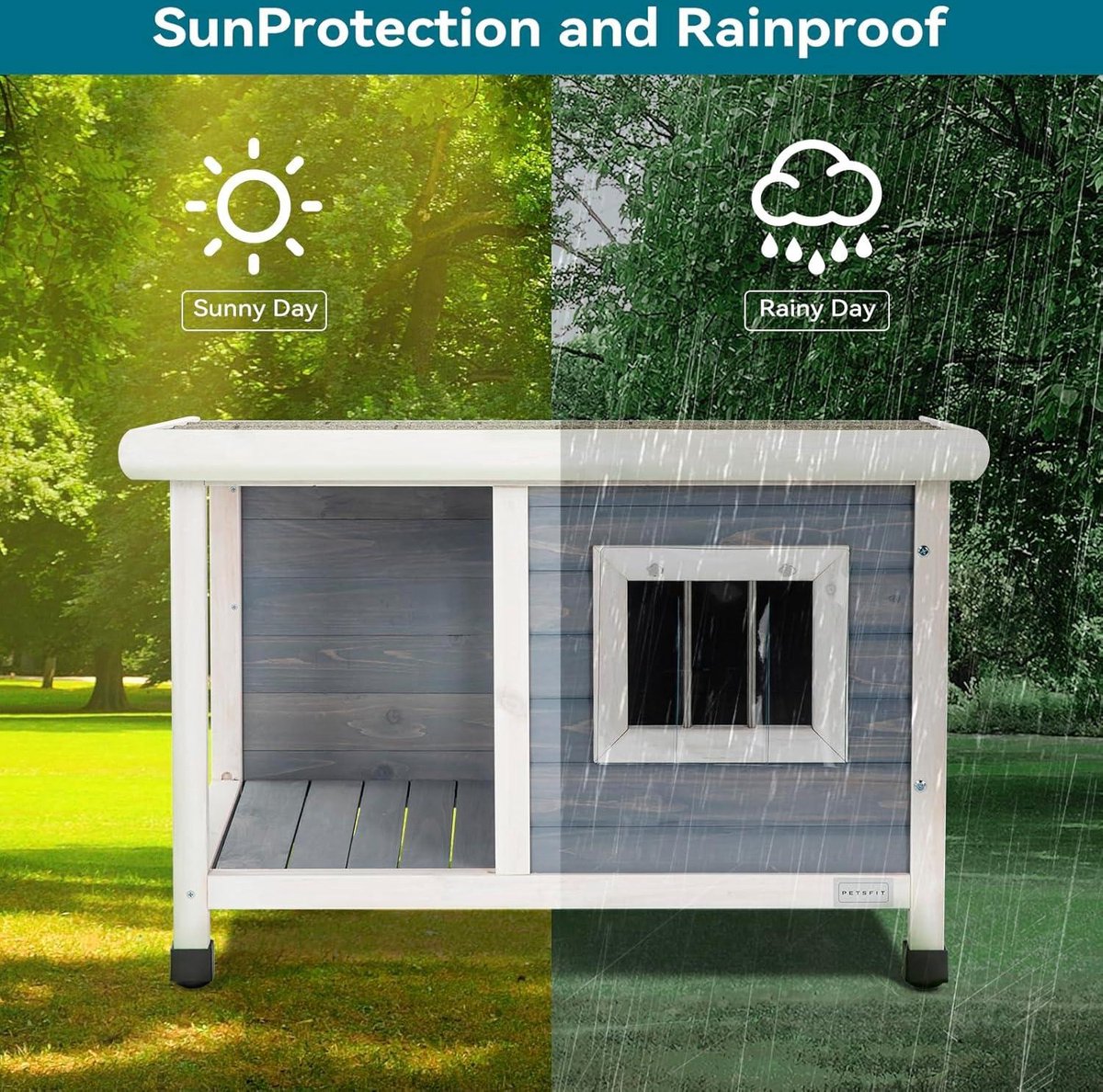 Wooden Cat House Outdoor Cat Kennels - One Room and Lounge - Asphalt Roof - Outdoor Dog Houses