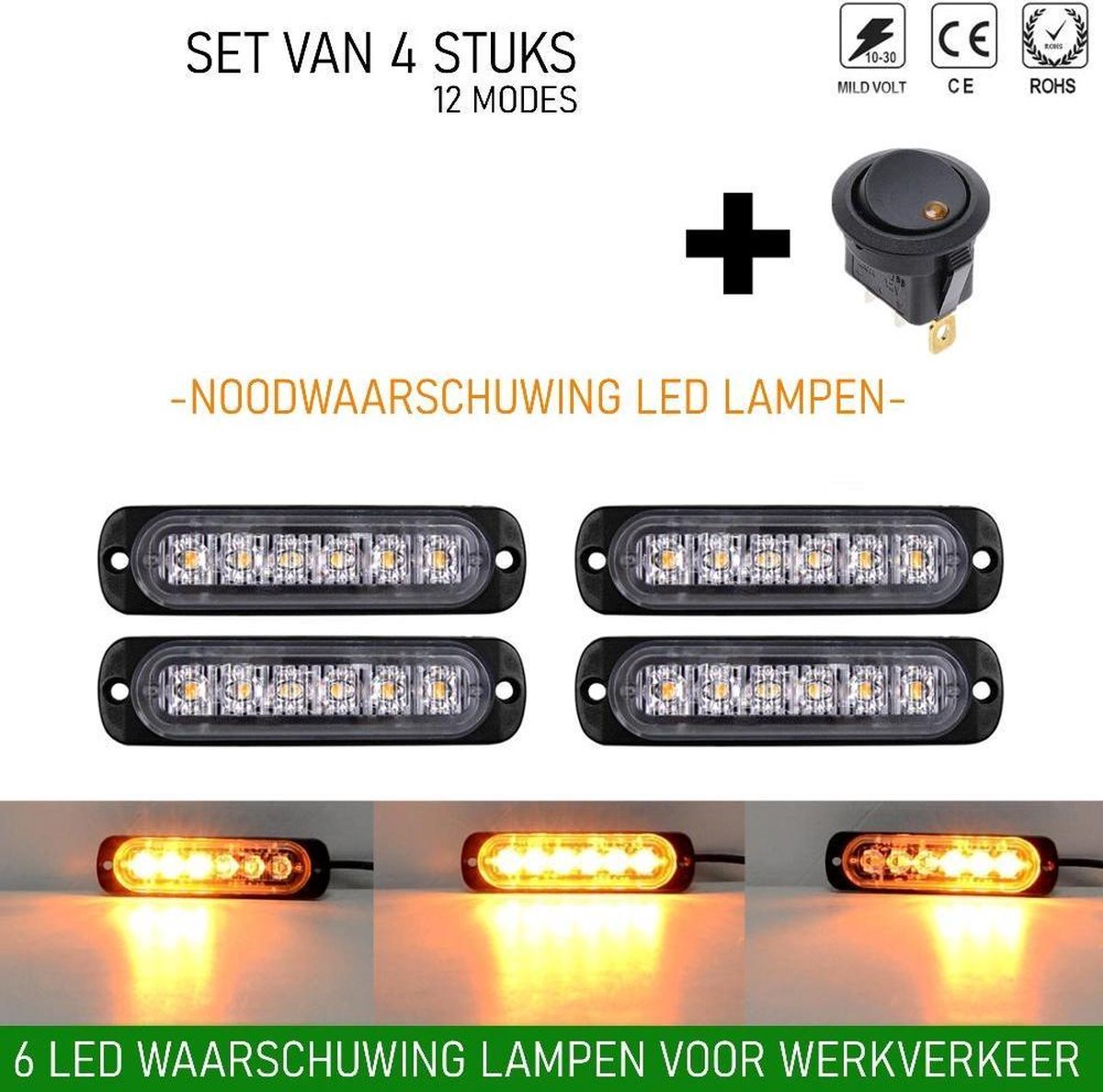 4-delige Waarschuwingslamp - 12V / 24V LED - 18W - 2000K - Noodverlichting - Werkverkeer - 6 LED - 18 Modi - Flitspatronen - AMBER - Oranje - Knipperlichten - Waarschuwingslichten - Knipperlicht - Gevaar - Noodverlichting -