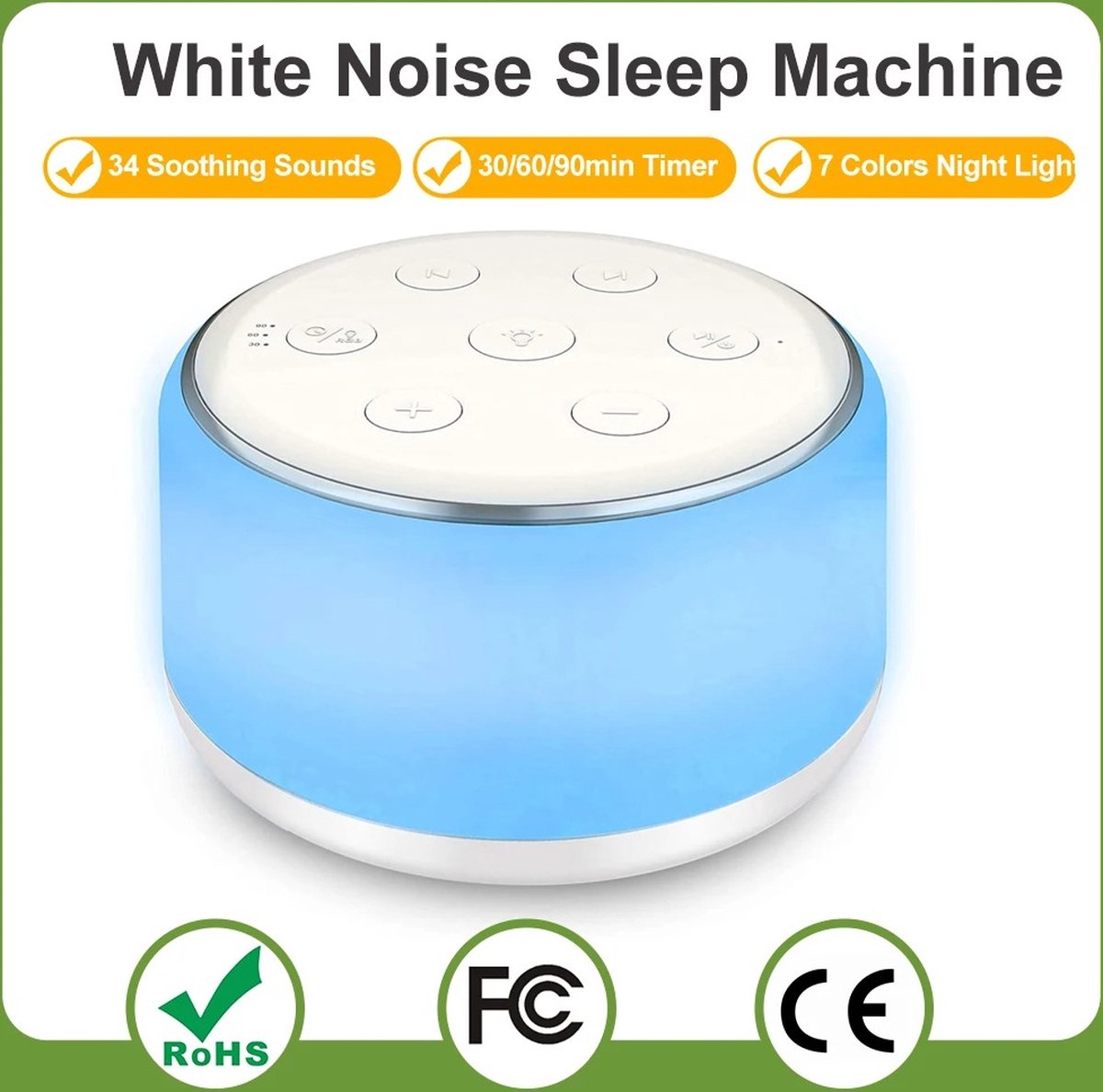 N.lux - White noise machine - Witte ruis - Baby - Slaapmuziek - Nachtlampje - 34 Rustgevende geluiden - Met timer - Slaapmachine - Slaaphulp volwassenen