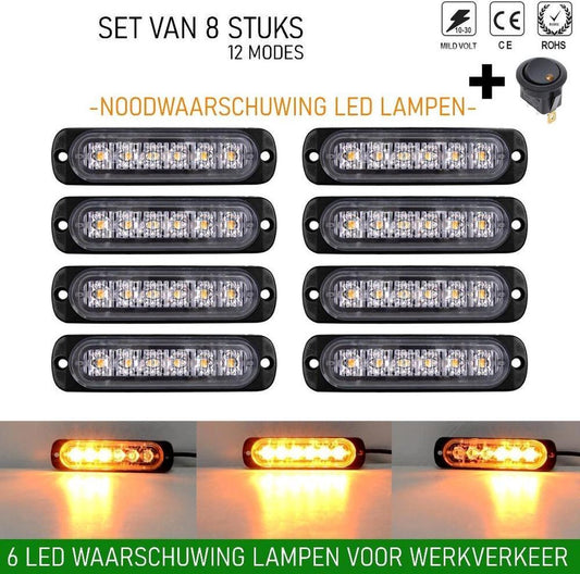 8-pack waarschuwingslampen - 12V / 24V LED - 18W - 2000K - Noodverlichting - Werkverkeer - 6 LED - 18 standen - Flitspatronen - AMBER - Oranje - Knipperlichten - Waarschuwingslampen - Knipper - Gevaar - Noodverlichting - Knipperlichten