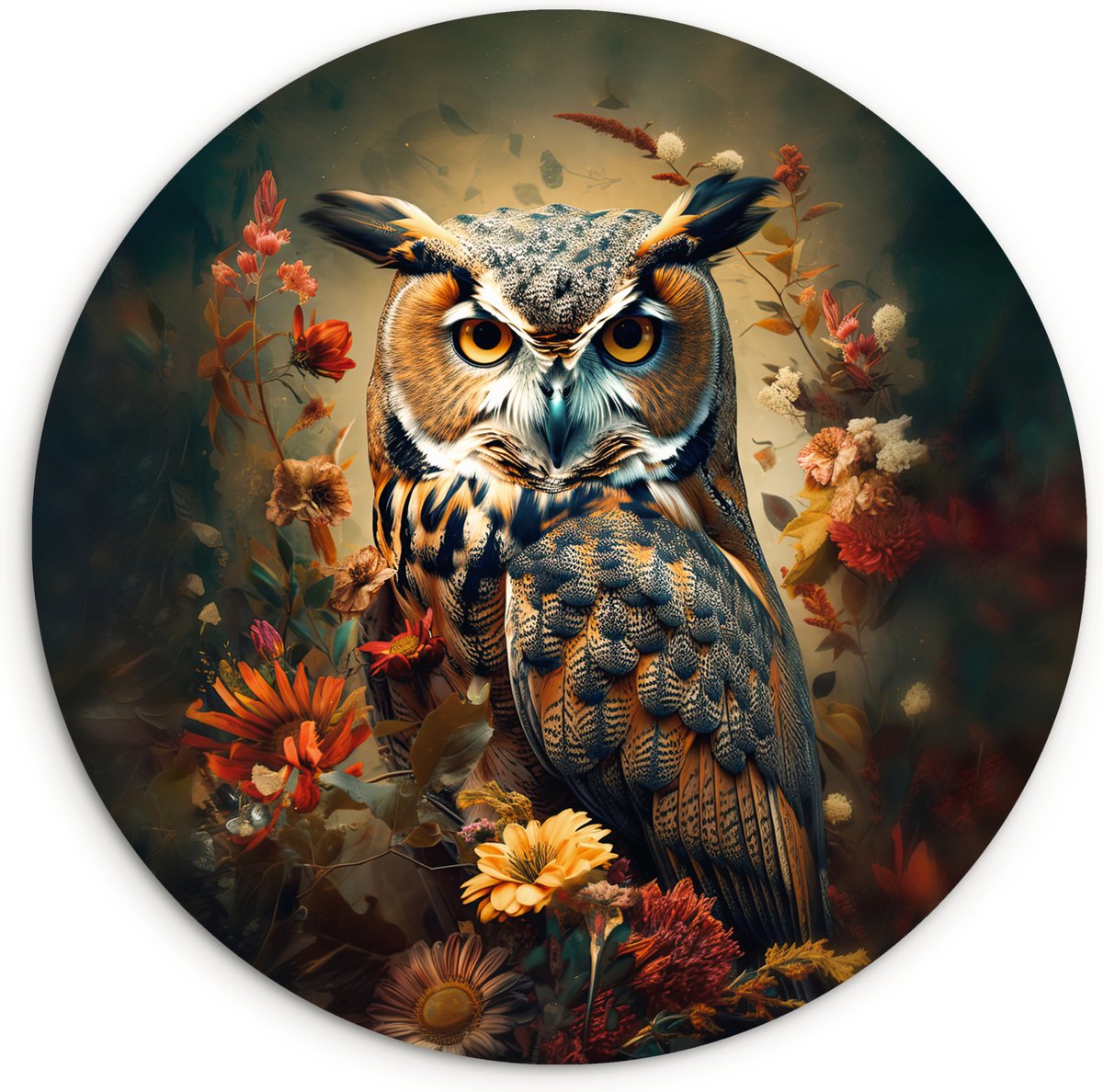 WallCircle® Muurcirkel 60x60 cm - Wandcirkel Uil - Vogel - Bloemen - Planten - Dieren - Botanisch - Muurdecoratie woonkamer - Wanddecoratie slaapkamer - Kamer decoratie accessoires - Ronde schilderijen - Woonaccessoires cirkel binnen