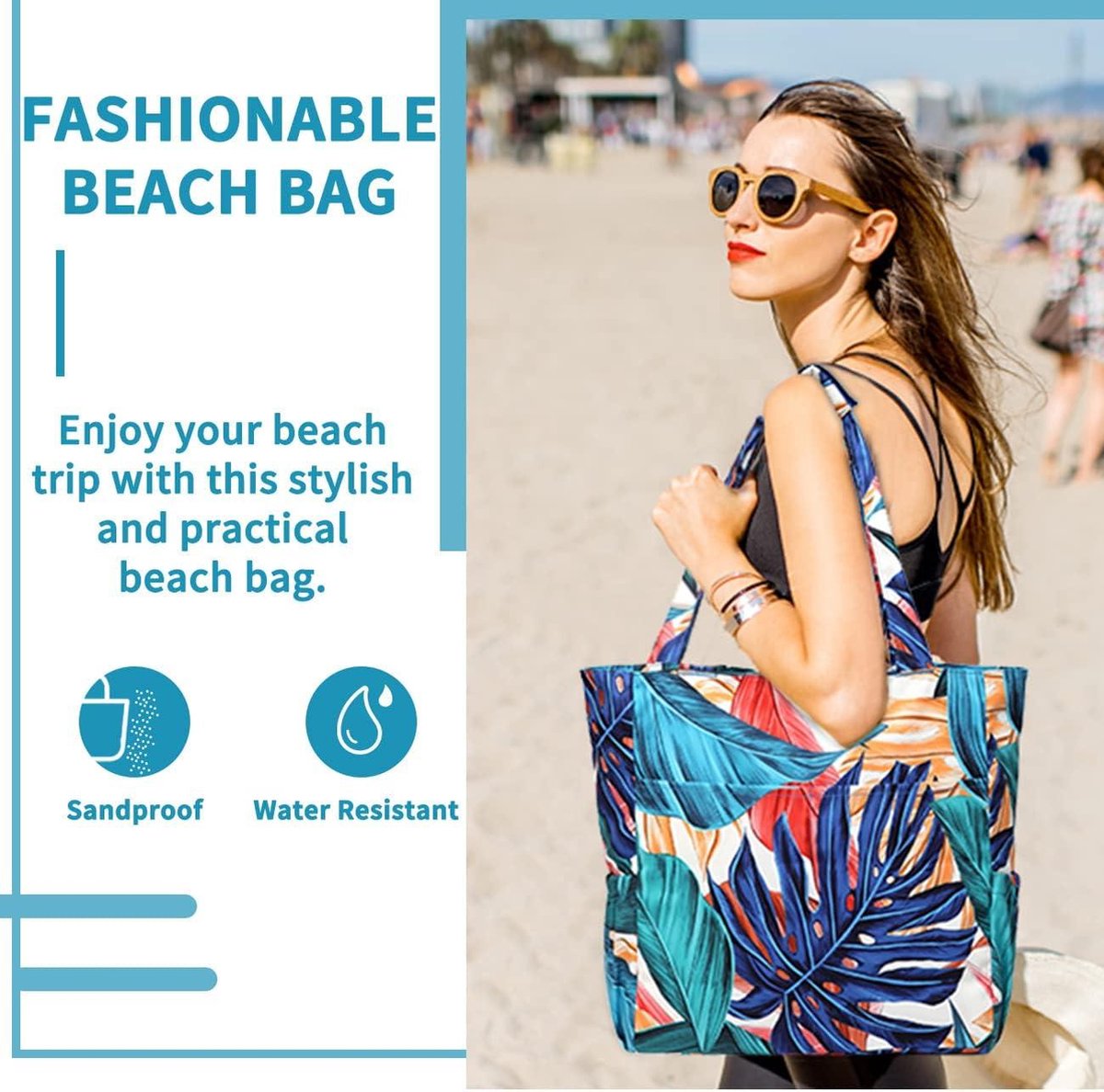 Waterdichte Zanddichte Strandtas voor Vrouwen - Grote Zwemtas - Stijlvolle Ritssluiting - Gym Reizen Winkelen School - Palmblad Tote bag met ritssluiting