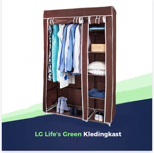 LG Life's Green Opvouwbare Kledingkast – 110x45x175CM – Kledingrek met 5 Legplanken en Ophangstang – Stoffen kledingkast – 140KG Draagvermogen – Bruin