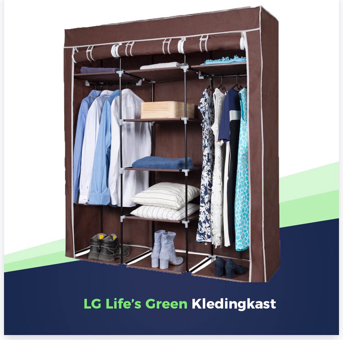LG Life's Green Opvouwbare Kleerkast – 150x45x175CM – Kledingrek met 9 opbergplanken en 2 ophangstangen – Stoffen Kledingkast – 200KG Draagvermogen – Bruin