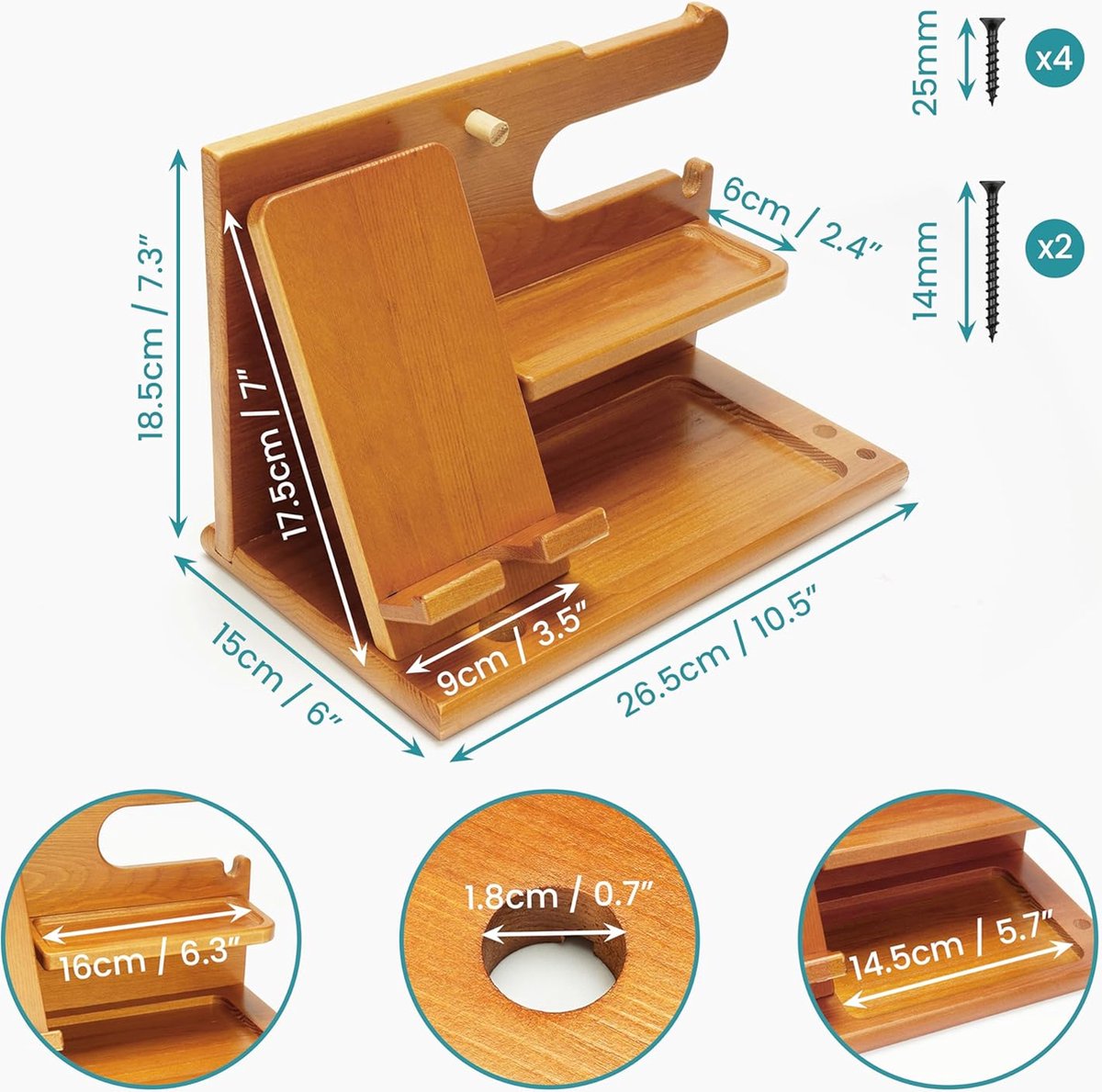 Light Brown Wooden Docking Station - Nightstand Organizer - for Storing Phone, Wallets, Watches, Gadgets and Keys - Gifts for Men - Accessories for Him/Dad