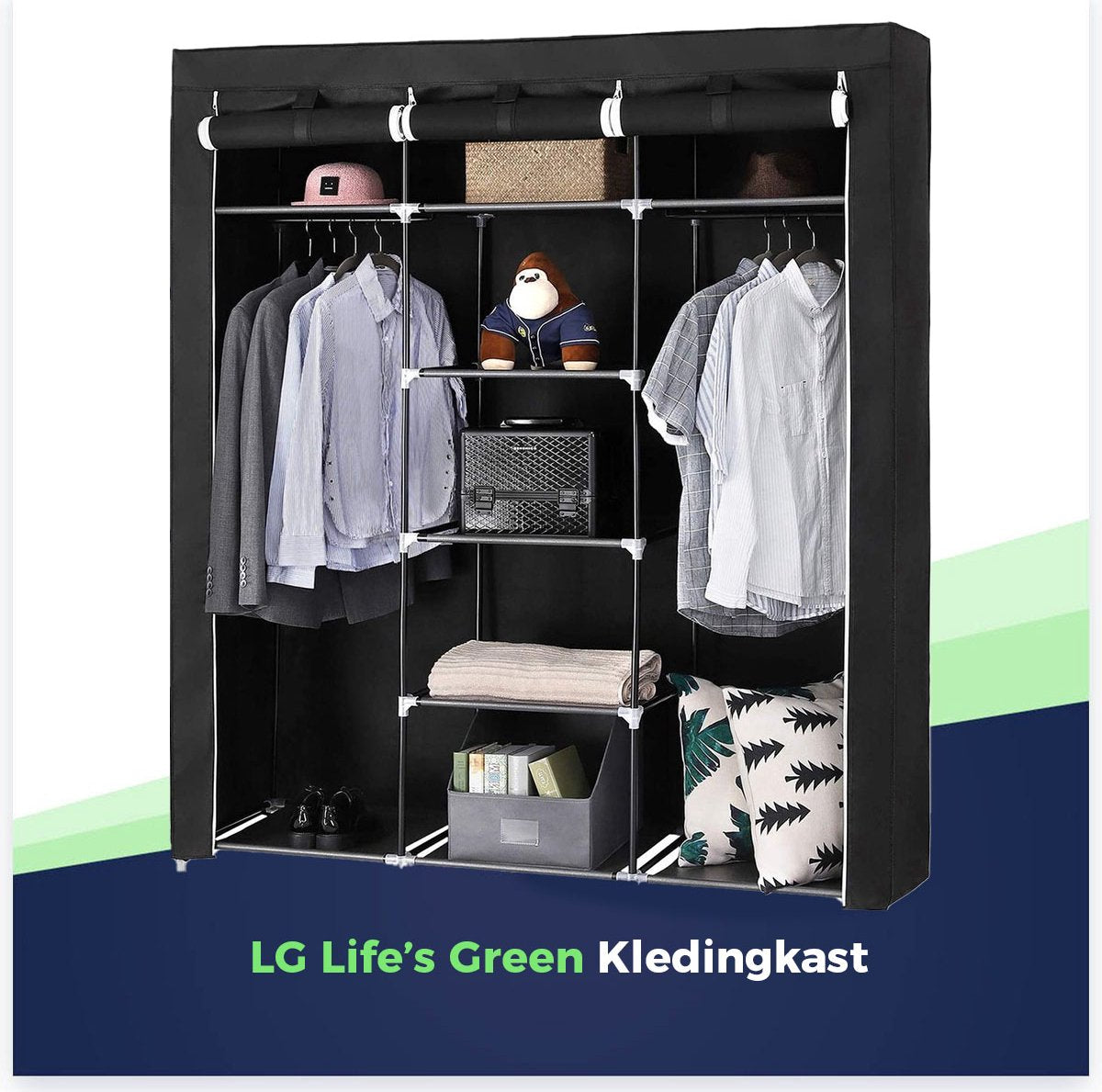 LG Life's Green Opvouwbare Kledingkast – 150x45x175CM – Kledingrek met 9 opslagplanken en 2 ophangstangen – Stoffen Kledingkast – 200KG Draagvermogen – Zwart