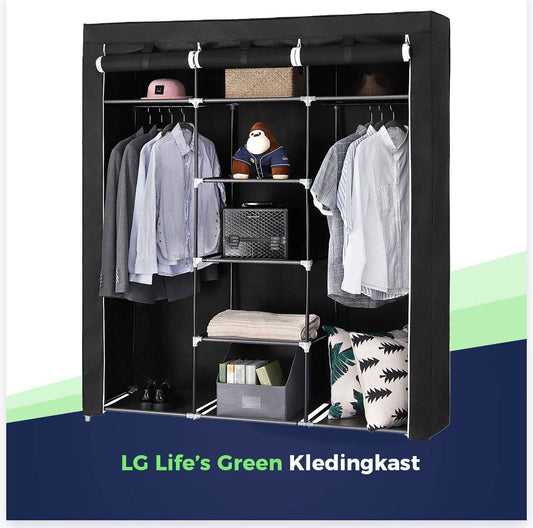 LG Life's Green Opvouwbare Kledingkast – 150x45x175CM – Kledingrek met 9 opslagplanken en 2 ophangstangen – Stoffen Kledingkast – 200KG Draagvermogen – Zwart