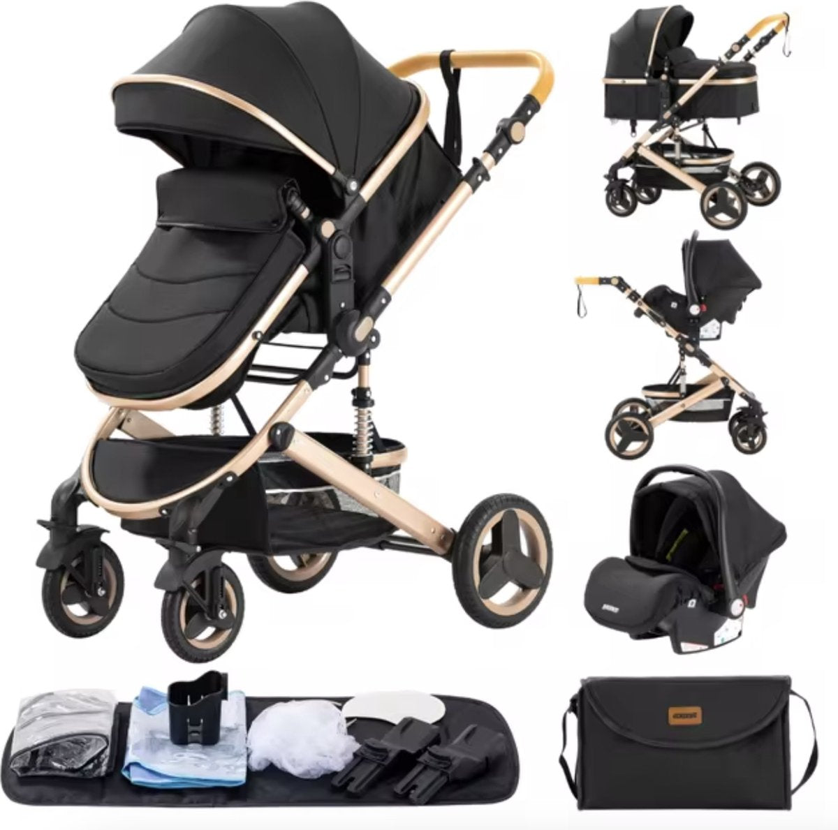 J&R Kinderwagen 3 in 1 - Kinderwagen - Wieg - Buggy - Autostoel - Opvouwbaar - Aluminium frame - Zwart - Goud