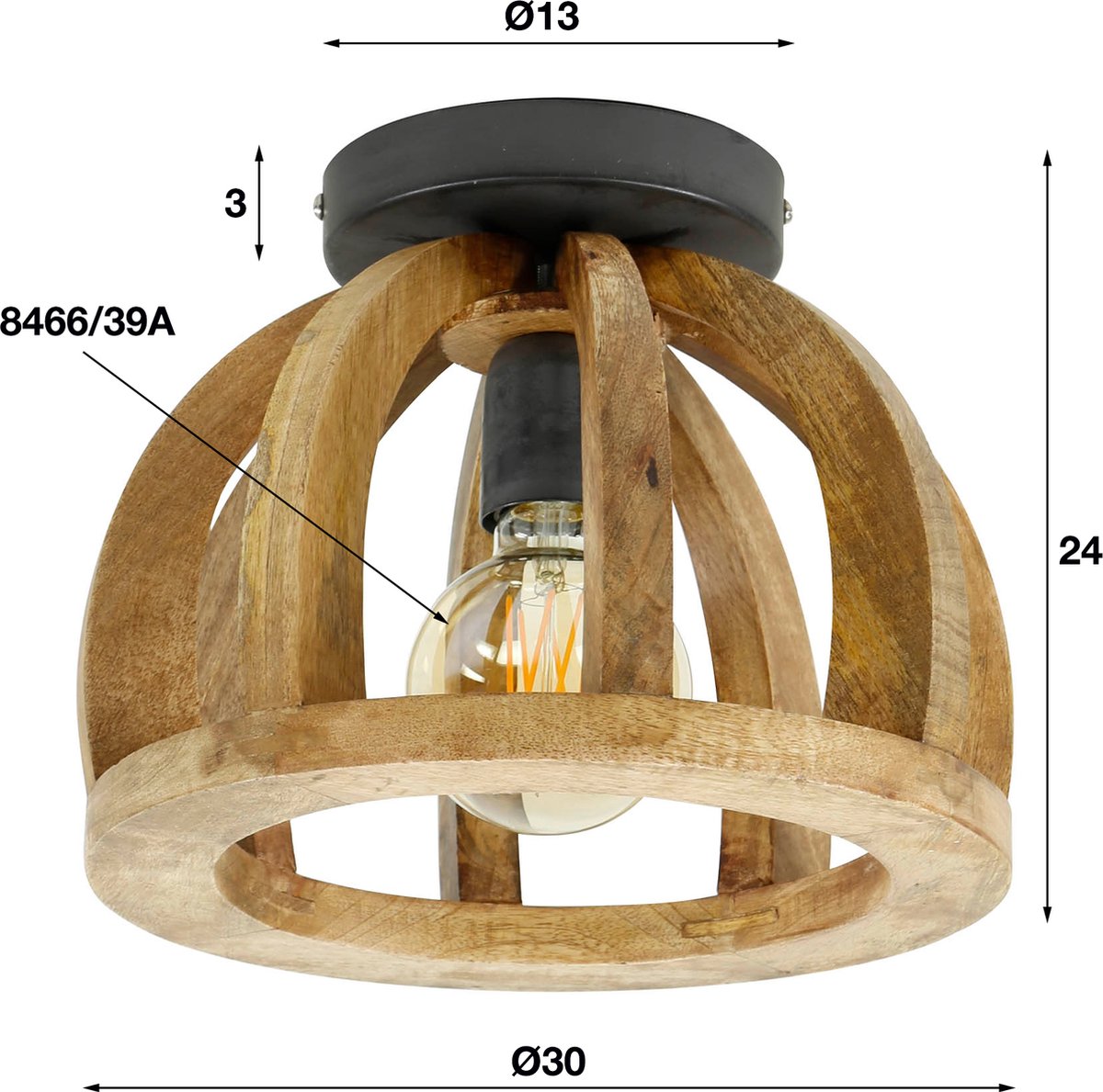 Plafondlamp curved wooden slat | Ø 30 cm | 1 light | solid mango wood natural | modern / rural design