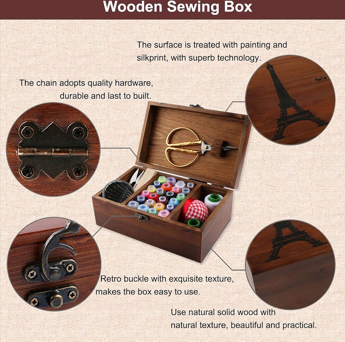 Sewing Box Wooden Portable Sewing Basket - Complete Sewing Supplies for Travel - Home Emergency Use - Universal Hand Home Sewing Repair Tool Kit - Adult Child Beginner Sewing Kit#3 Sewing Box