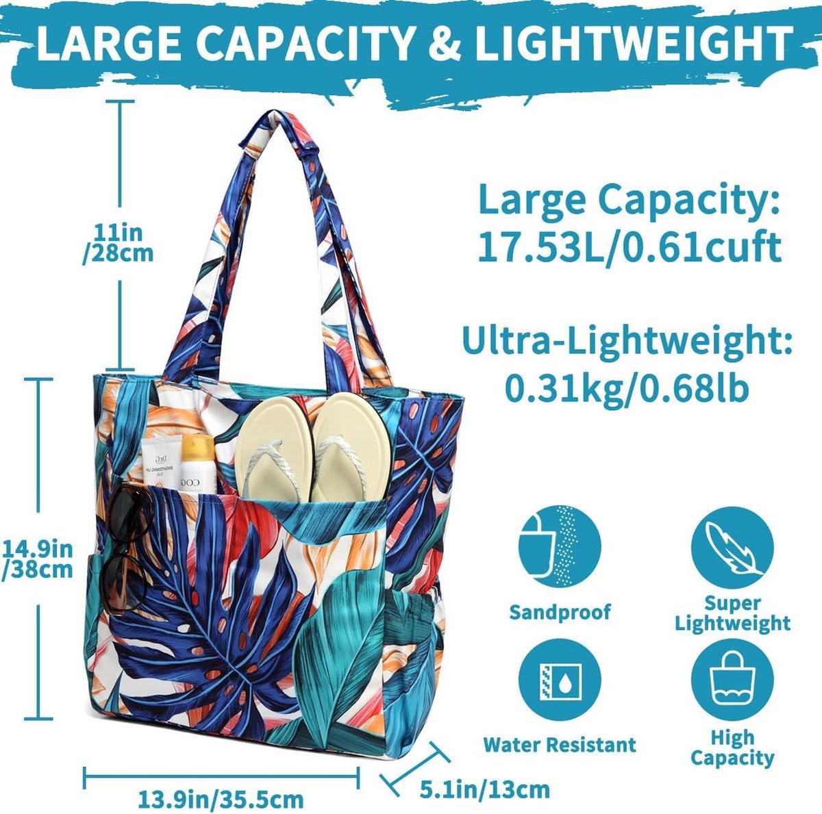 Waterdichte Zanddichte Strandtas voor Vrouwen - Grote Zwemtas - Stijlvolle Ritssluiting - Gym Reizen Winkelen School - Palmblad Tote bag met ritssluiting