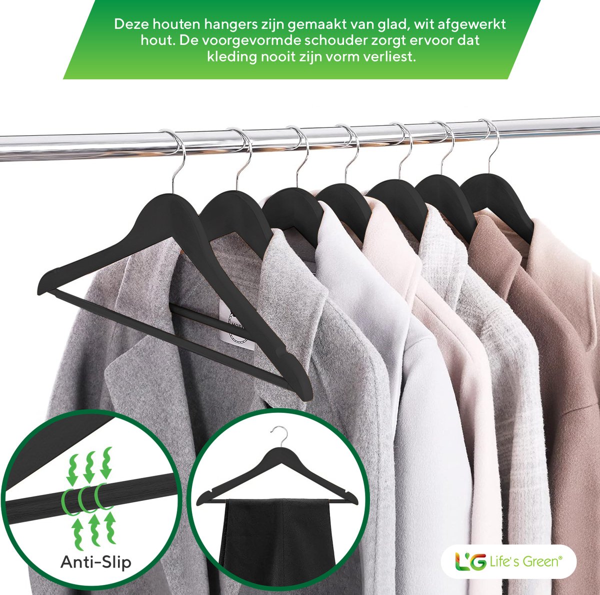 Life's Green® - Kledinghangers - 30 stuks - Kledinghanger LGS1810 - Zwart - Hout - Anti-slip