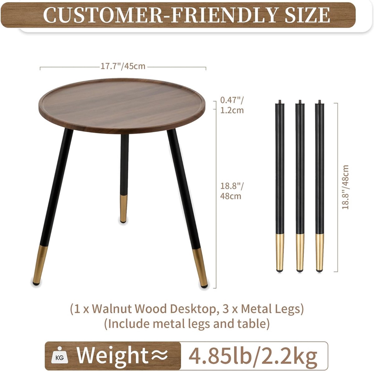 Bijzettafel Rond Hout: Moderne Bruine Walnoot Kleine Houten Bijzettafel voor de Woonkamer met 3 Metalen Poten, Kleine Buitenbank/Sofa Tafels voor Tuindecoratie, 45 cm.