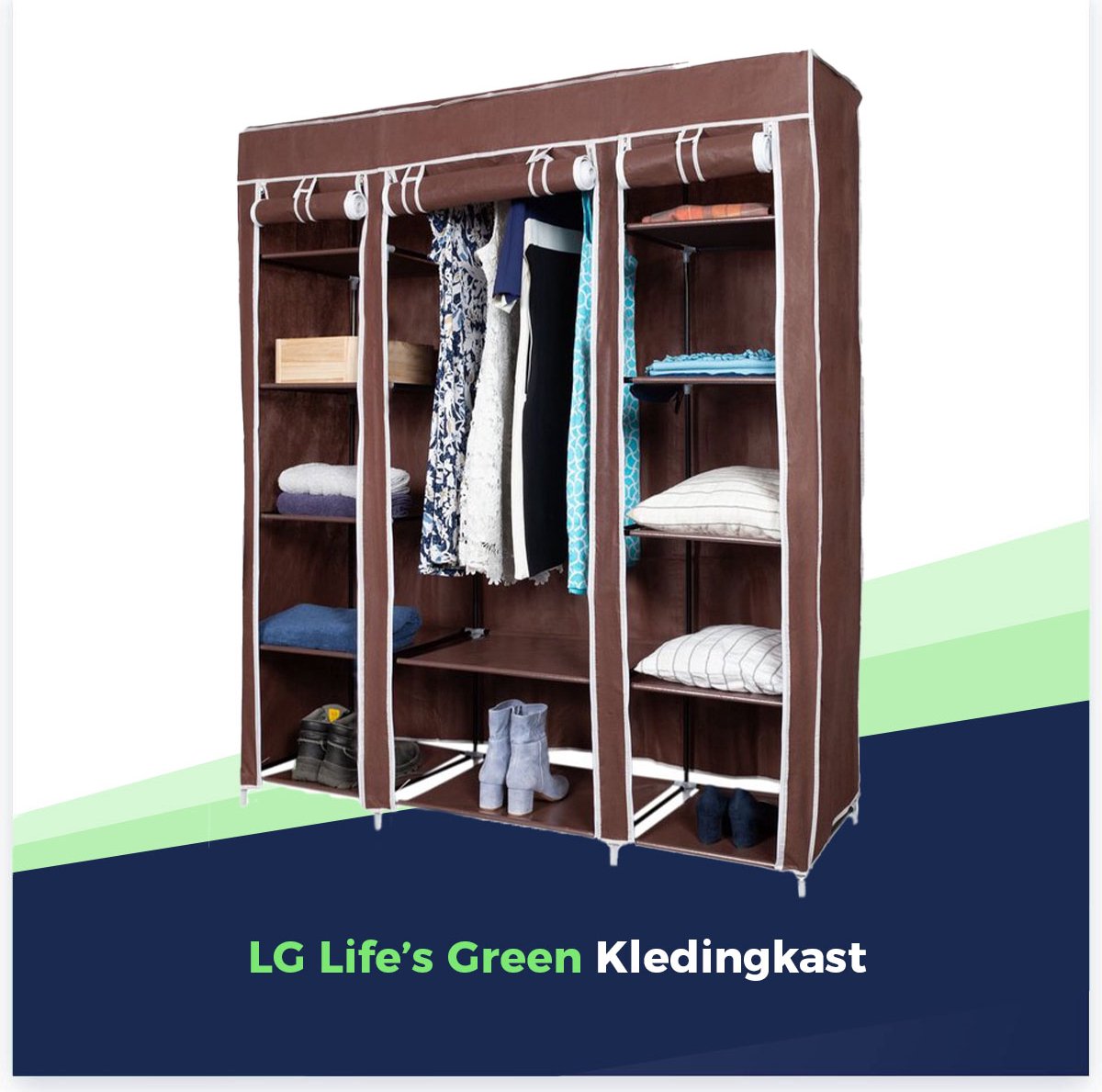 LG Life’s Green Vouwbare Kledingkast – 143x44x169CM – Kledingrek met 12 Legplanken en Ophangroede – Stoffen Kledingkast – 225KG Draagvermogen – Bruin
