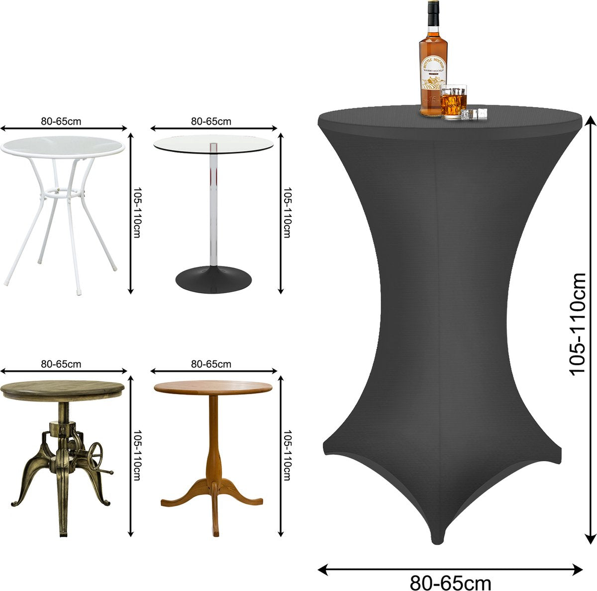 5x Luxe Statafelrok - ∅80-85x110 cm - Extra Dik & Sterk - Stretch Statafelhoes - Statafel Partytafel Tafelrok - Carnaval - Zwart - Tafelhoezen voor Statafel - Sta Tafel Hoes - Staantafelhoes