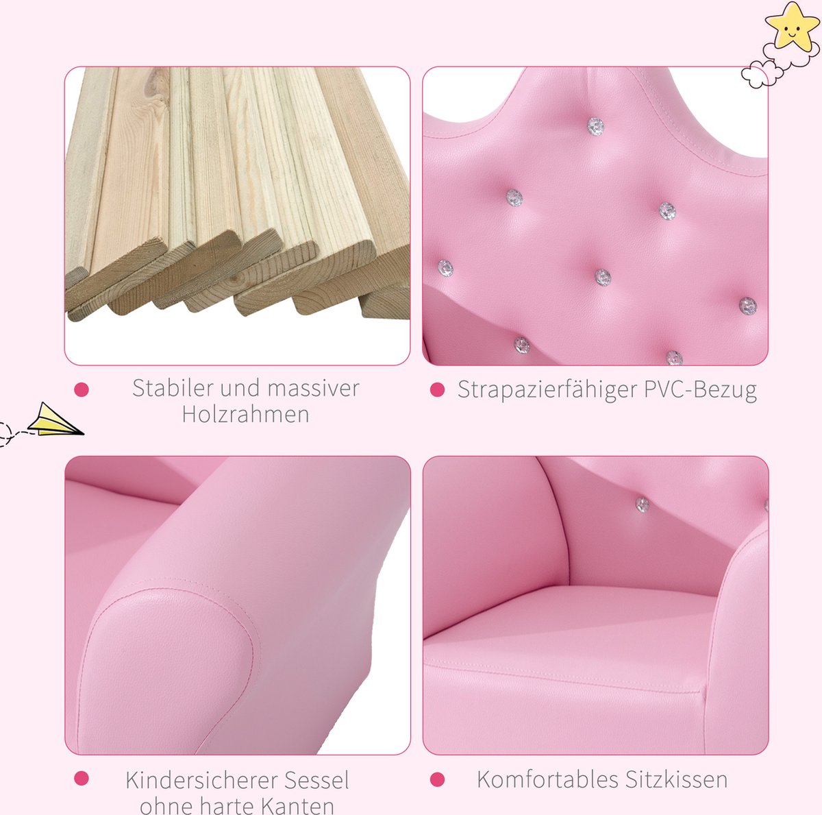 Children's sofa with crystal buttons and ottoman pink