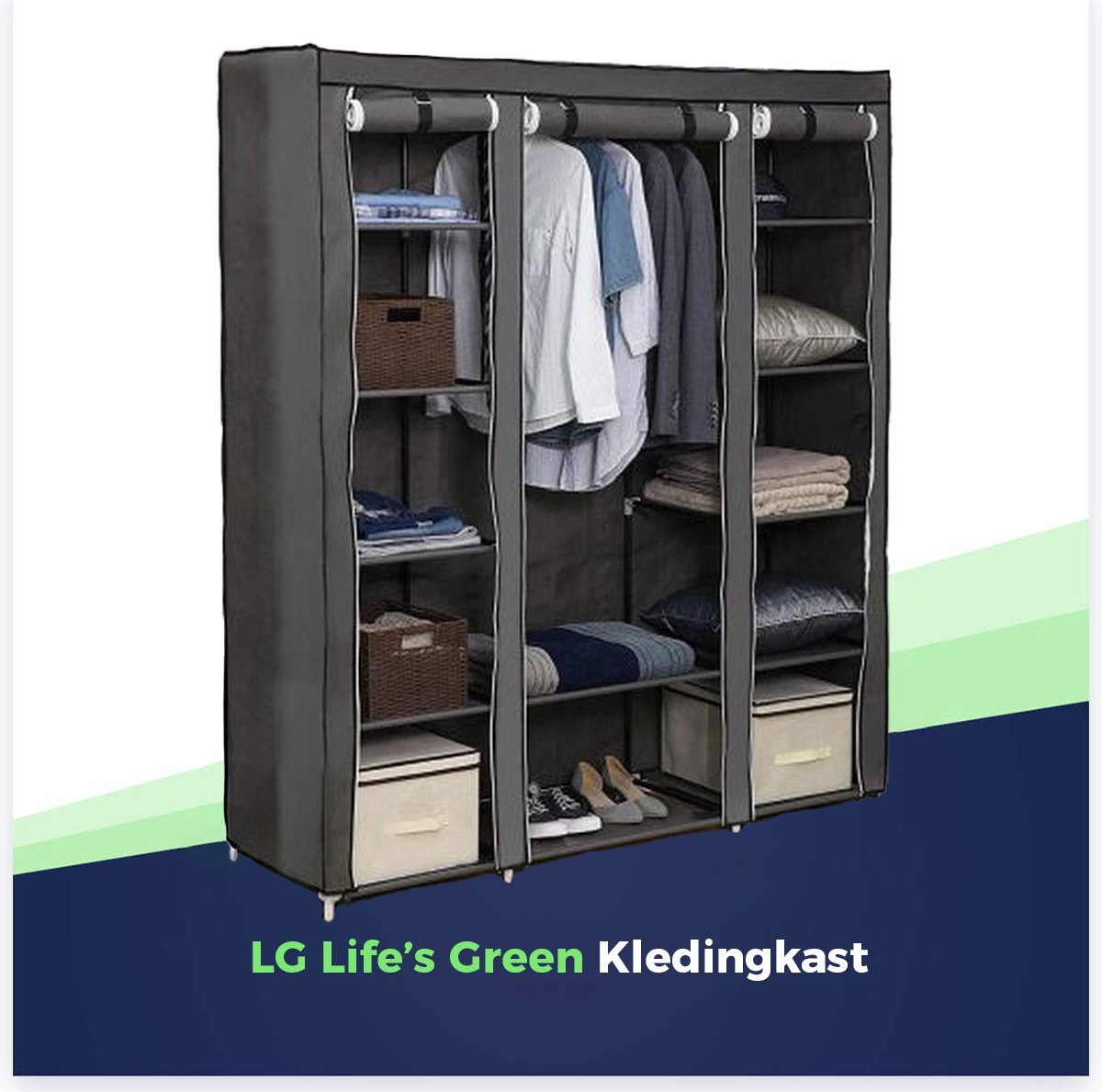 LG Life’s Green Folding Wardrobe – 143x44x169CM – Clothes Rack with 12 Shelves and Hanging Rail – Fabric Wardrobe – 225KG Load Capacity – Grey