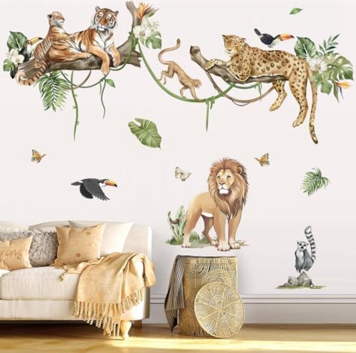 Jungle Dieren Boomtak Muurstickers Safari Dierlijke Leeuw Luipaard Tijger Muurtattoo Baby Kinderkamer Kinder Woonkamer Slaapkamer Wanddecoratie