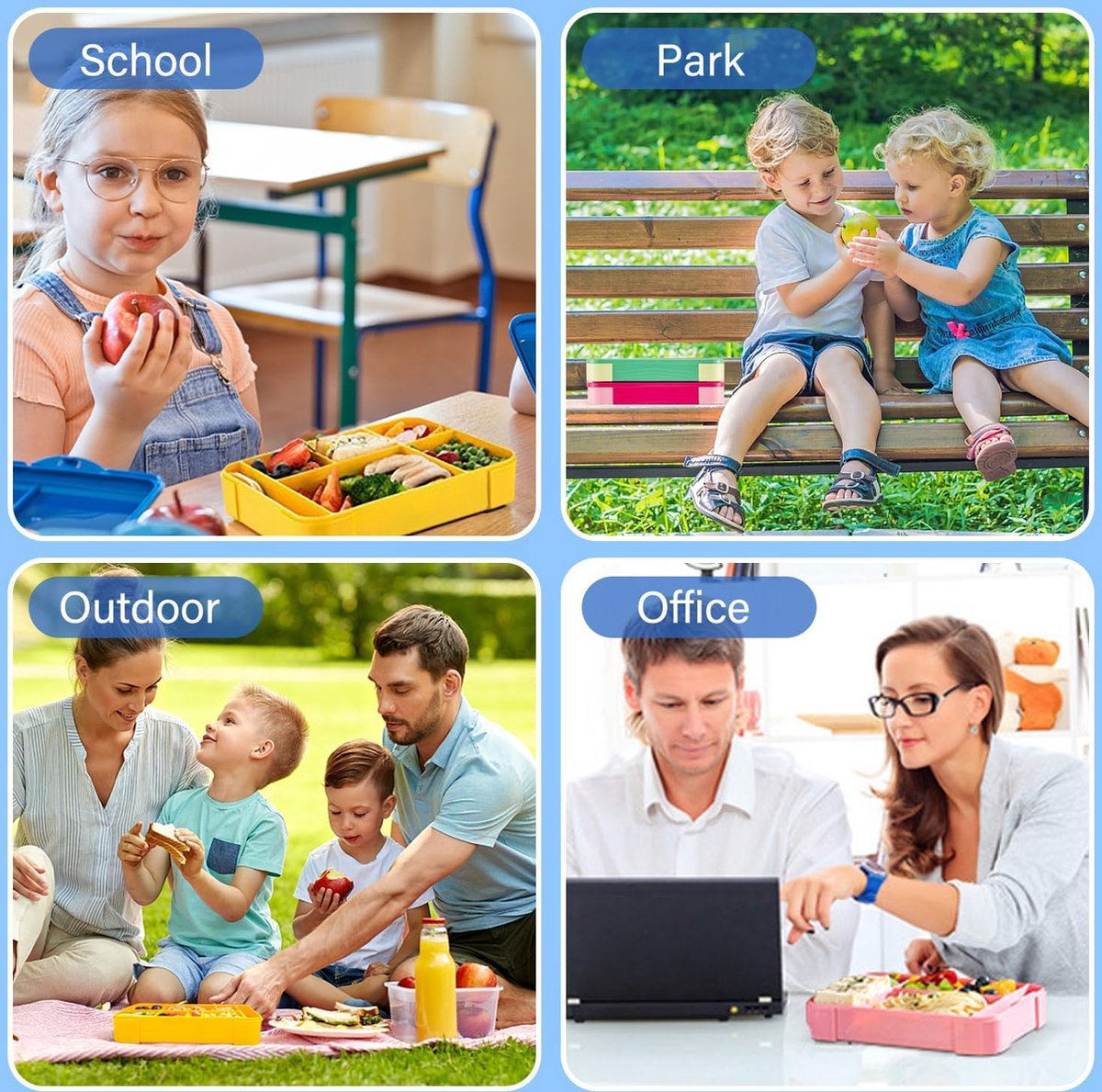 Lunchbox 1300 ml, lekvrij, broodtrommel voor kinderen met 5 vakken en bestekset, BPA-vrij, broodtrommel voor kinderen en volwassenen, voor magnetron, vaatwasser (blauw-geel)