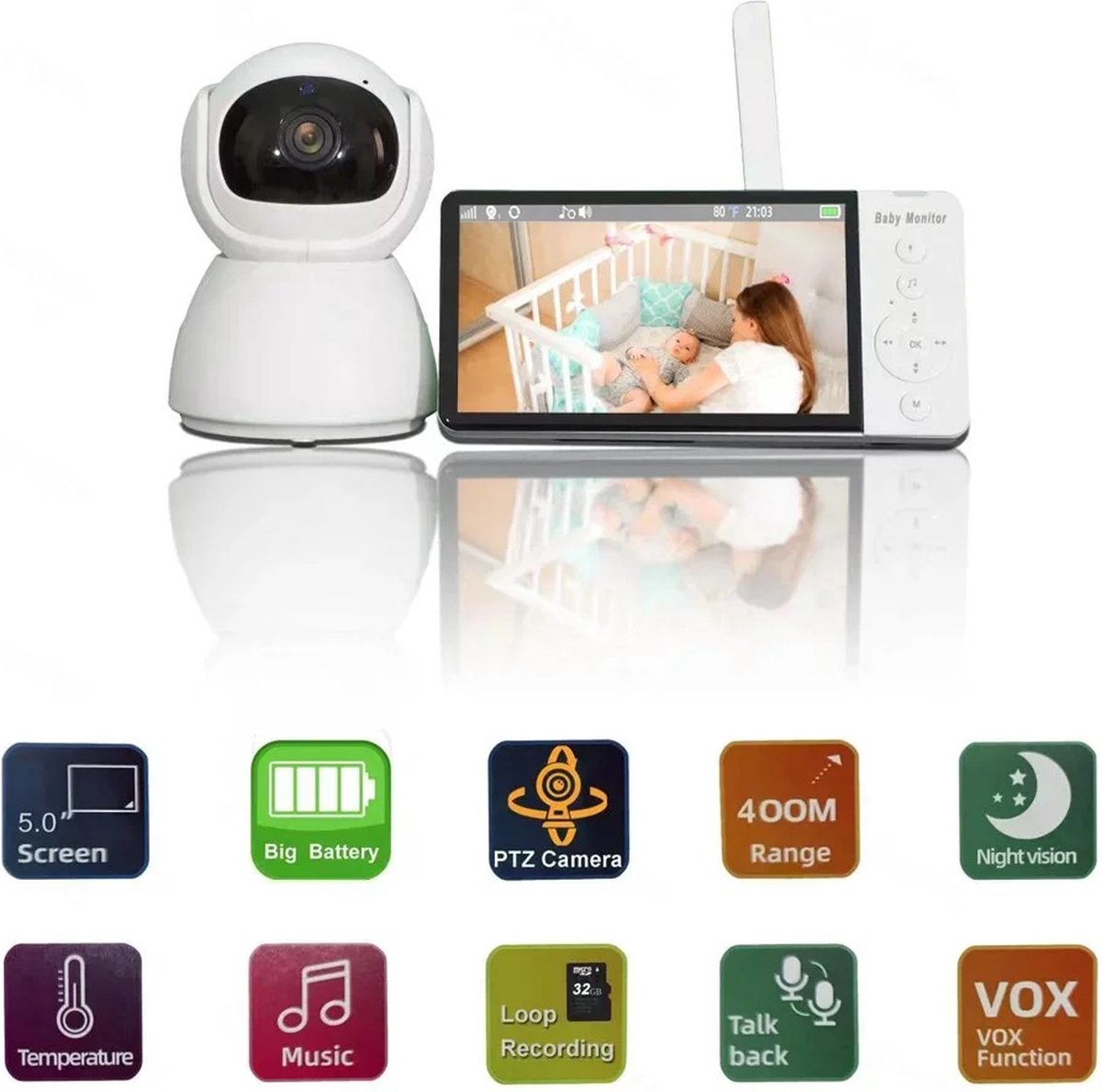 Eszenzics™ Babyfoon - Draadloos - 5 inch LED scherm - HD 1080p - 2-weg communicatie - Infrarood nachtzicht - Muziek - Uitbreidbaar met extra camera - Tot 200m'