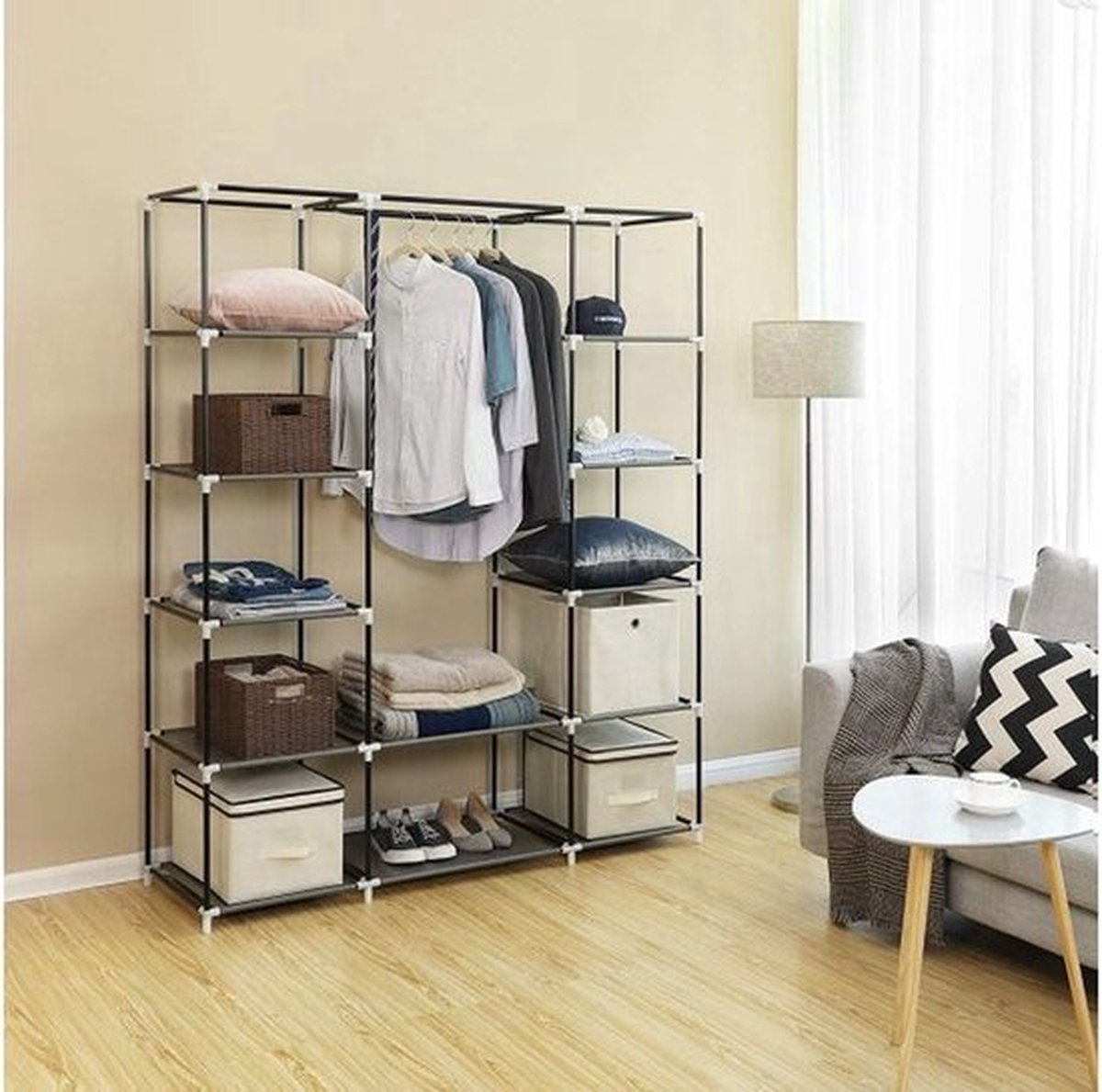 LG Life’s Green Folding Wardrobe – 143x44x169CM – Clothes Rack with 12 Shelves and Hanging Rail – Fabric Wardrobe – 225KG Load Capacity – Grey