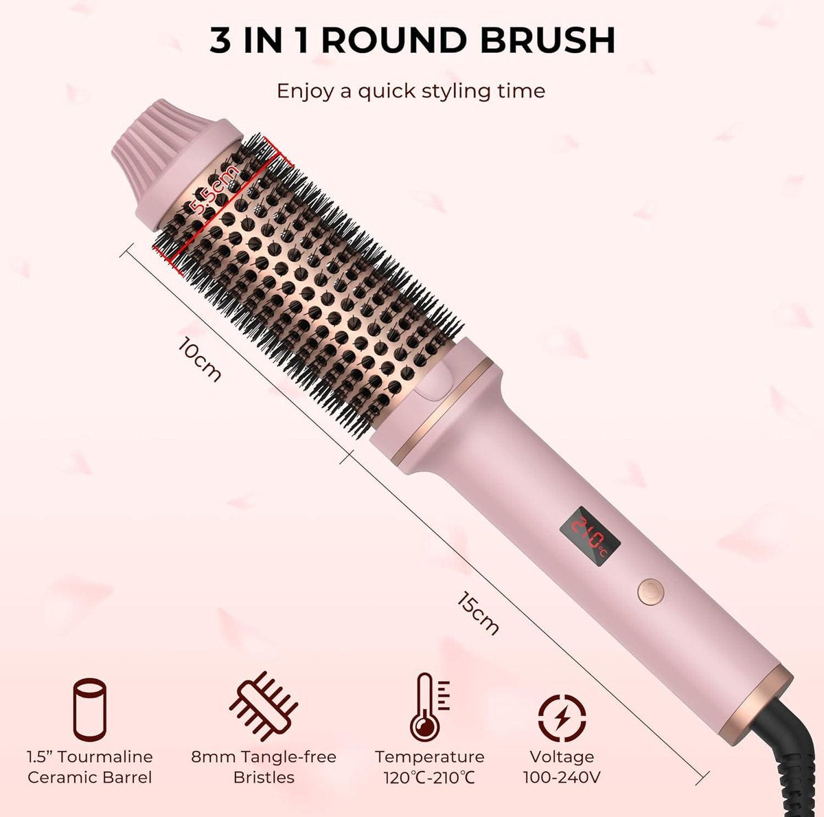 Föhnborstel 38mm Thermal Brush - Warme luchtborstel haarstyling krultang volume haarkam - Ronde borstel dubbele spanning stylingborstels voor op reis - Cadeaus voor vrouwen - Hot brush LCD-display - 120-210 °C