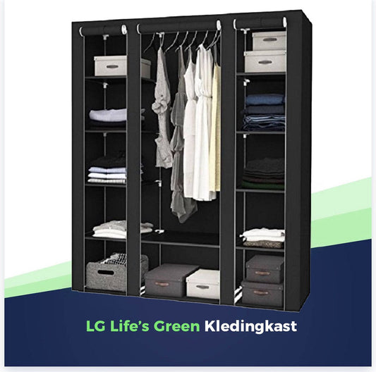 LG Life's Green Folding Wardrobe – 143x44x169CM – Clothes Rack with 12 Shelves and Hanging Rail – Fabric Wardrobe – 225KG Load Capacity – Black
