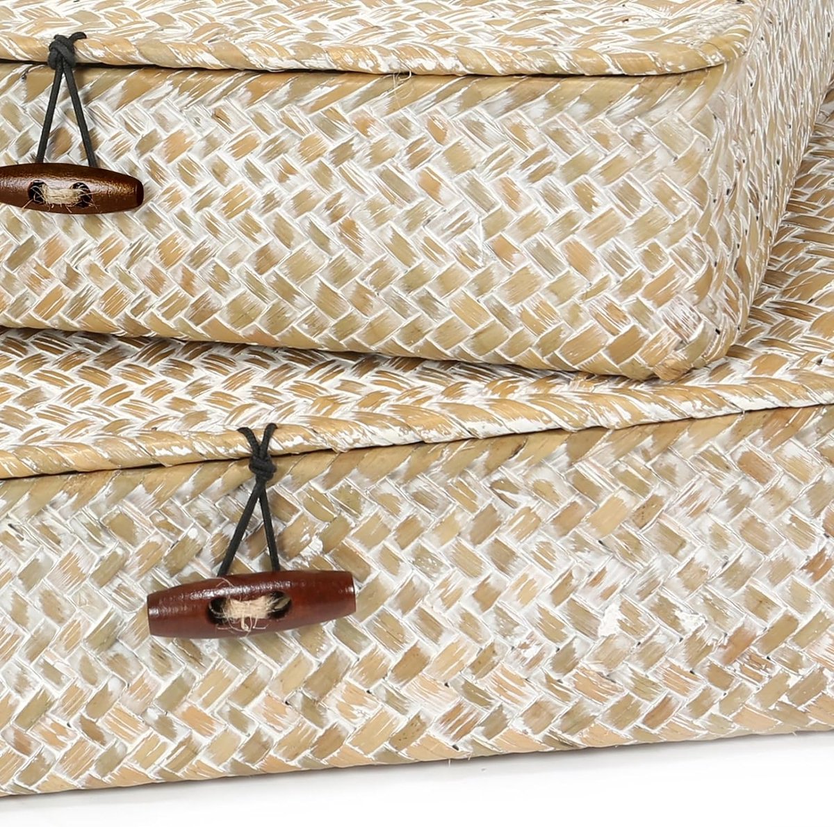 Set van 2 plat geweven rieten manden met deksel, natuurlijke zeegras-mandboxen, multifunctionele organizer, dozen voor plankorganizer