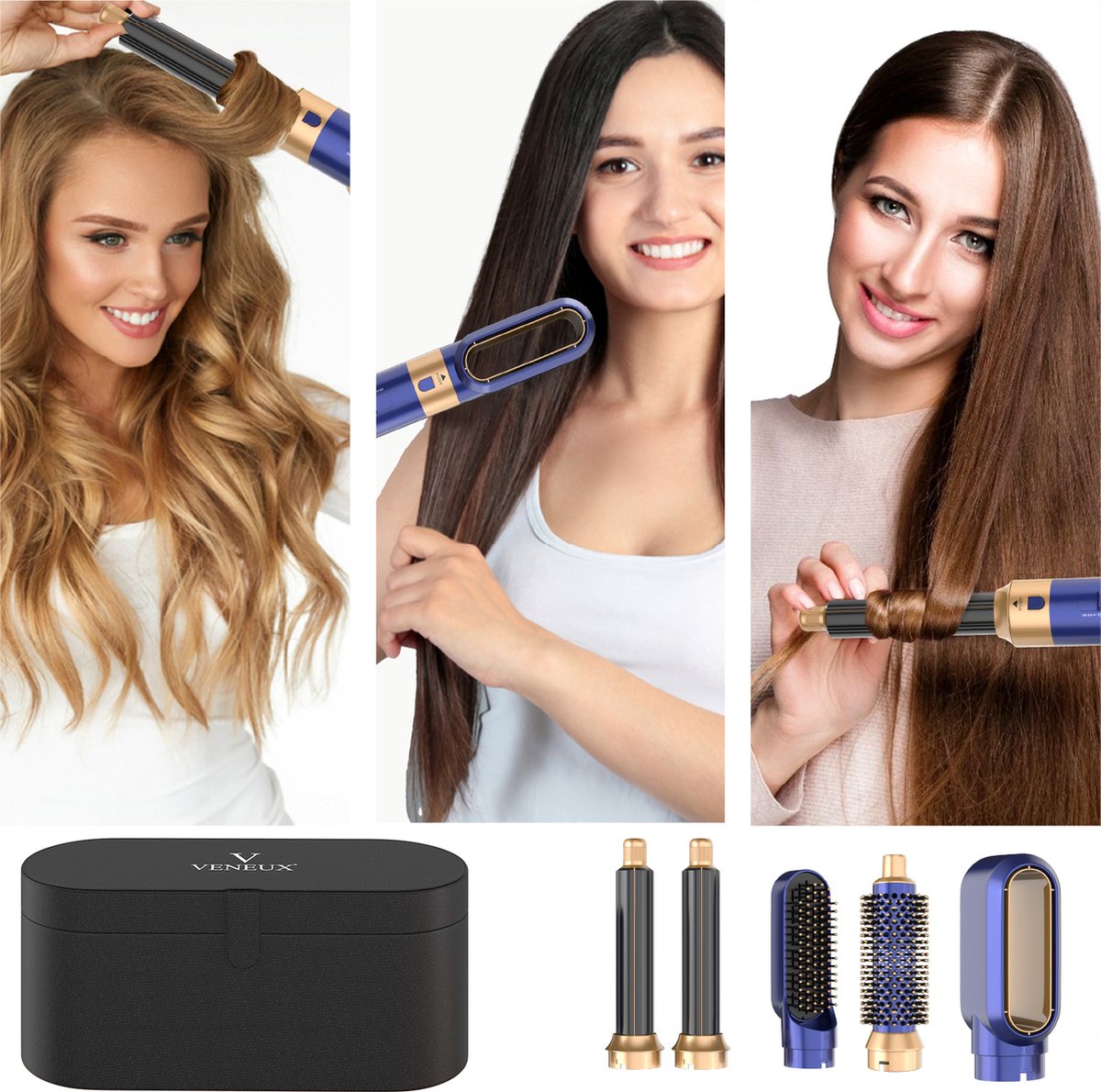 VENEUX® Föhnborstel - Airstyler - Krulborstel - Krultangen - 5-in-1 Multistyler - Met Opbergcase - Blauw Met Goud