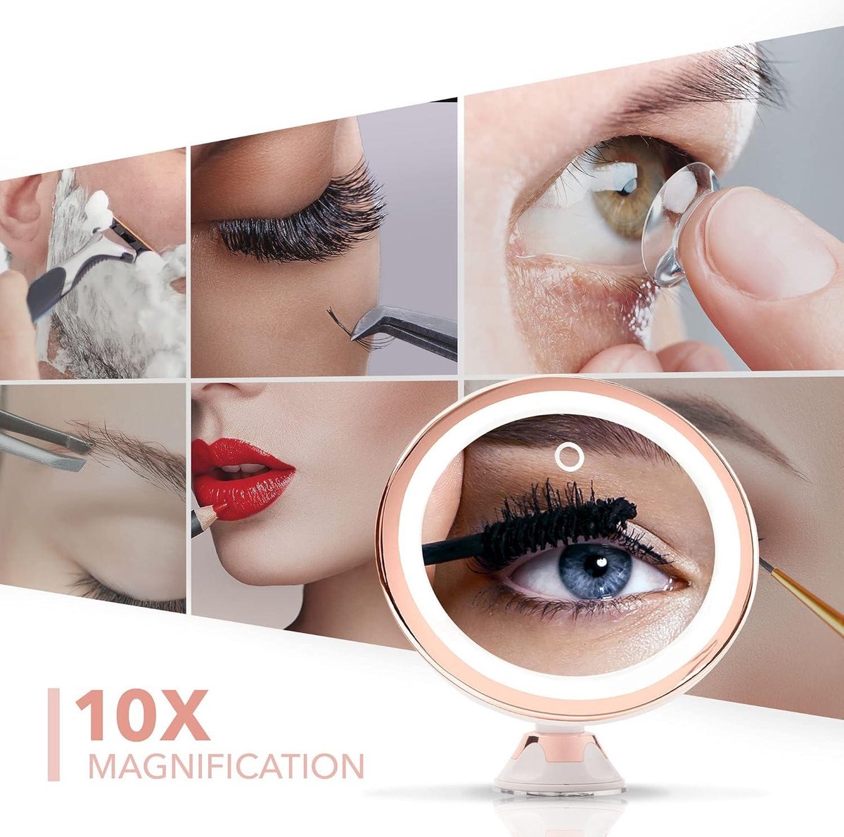 Make-up Spiegel - Spiegel 10X vergrotende spiegel met dimbaar LED licht USB batterij 20cm breed Sterke Zuignap Luna - Roségoud