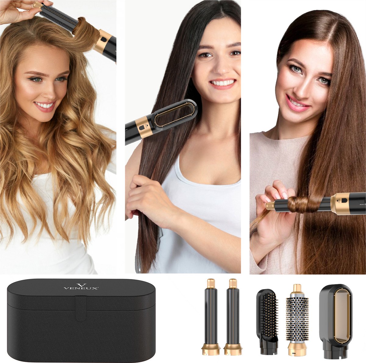 VENEUX® Föhnborstel - Airstyler - Krulborstel - Krultangen - 5-in-1 Multistyler - Met Opbergcase - Zwart Met Goud