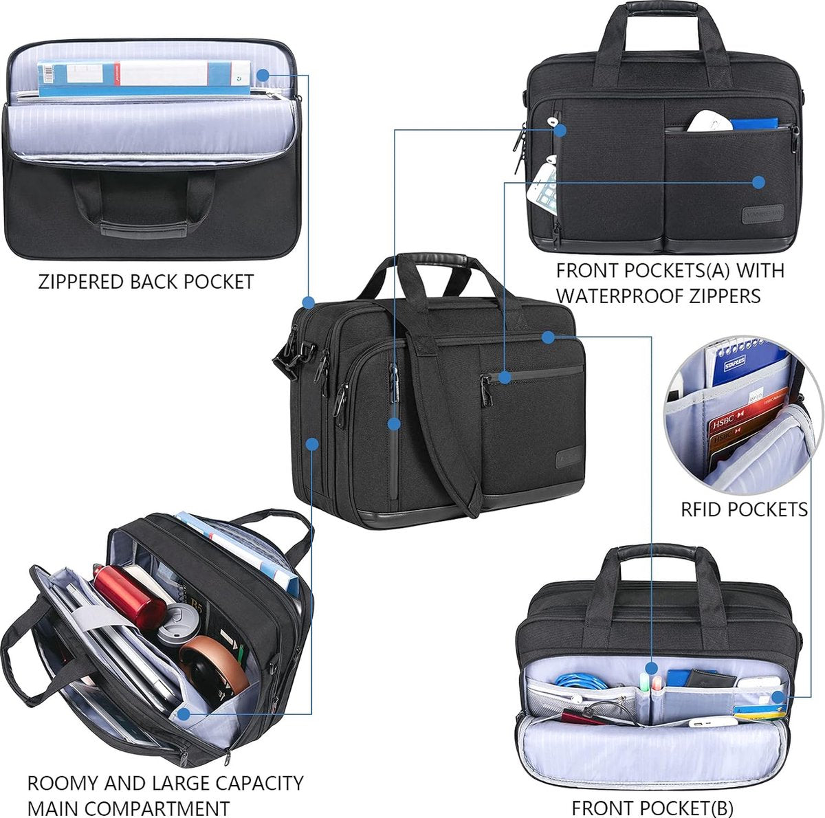 17,3 inch laptop aktetas voor mannen en vrouwen, hoogwaardige schoudertas, waterafstotende laptoptas met RFID-vak, uitbreidbare messenger bag