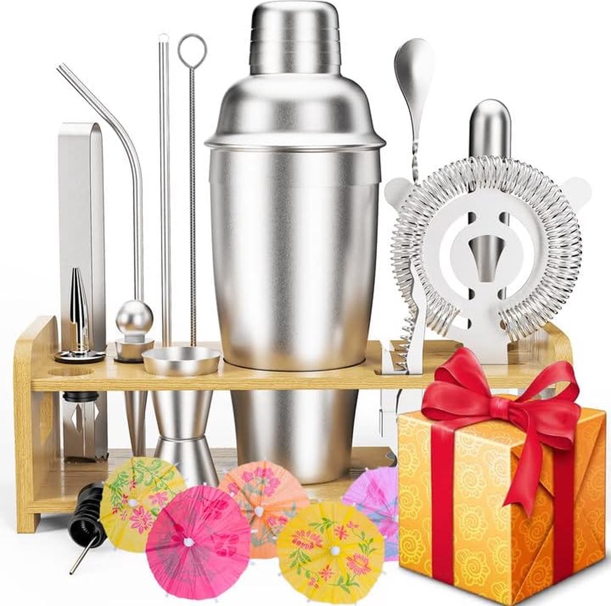 Cocktailshaker Set Vaderdag Cadeau - 750 ml Roestvrij Staal Bonus Cocktailshaker Cocktailset Boek, Cocktail Barkeeper Set, Bar Accessoires Counter Shaker Bar Mixer met Houten Standaard, Verjaardag Cadeau