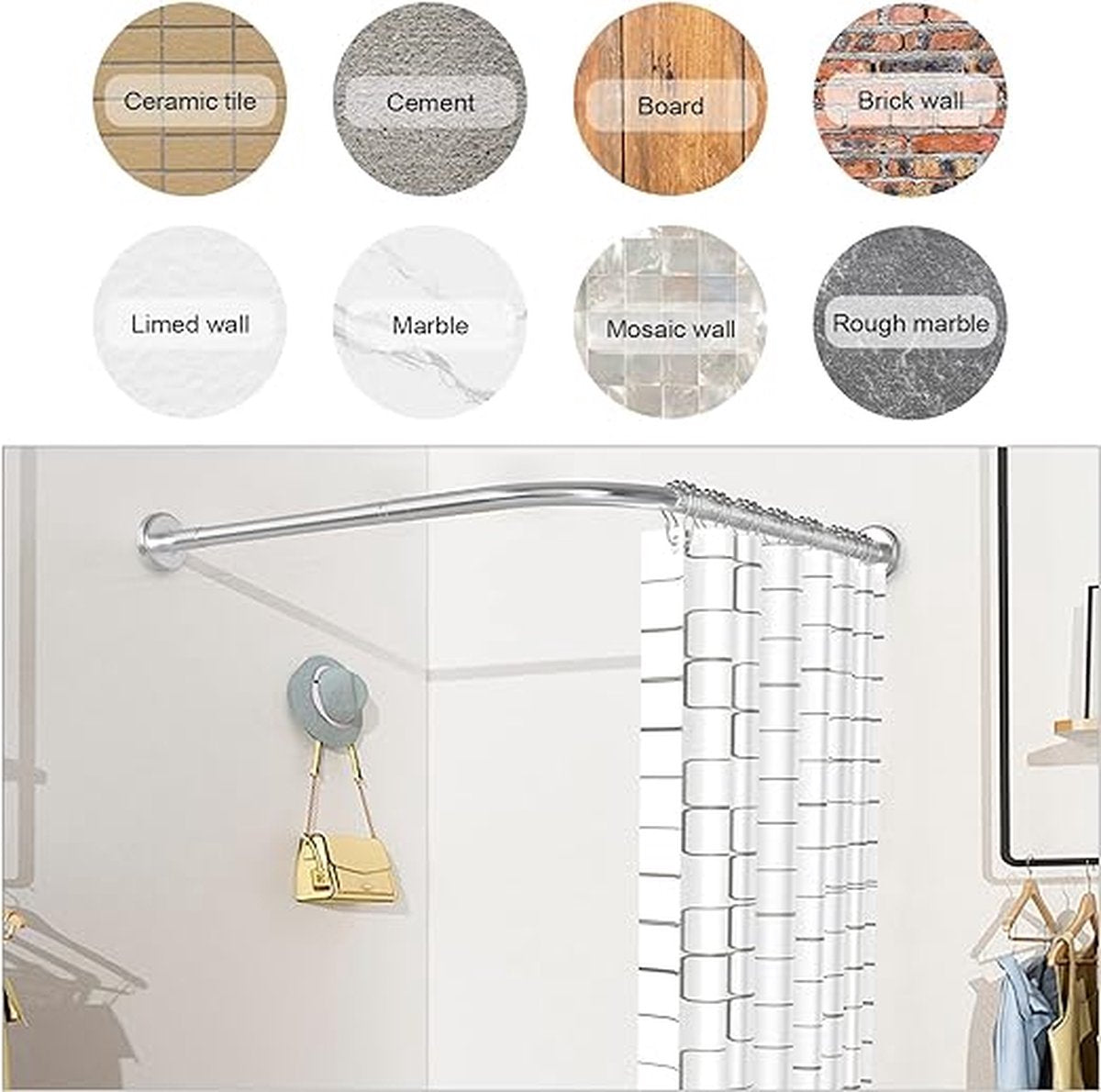 Douchegordijnstang Verstelbaar L-vormig incl. 24 ringen, douchegordijnhoekstang zonder plafondbevestiging uitschuifbaar, roestvrij, boorinstallatie, bad & douche (zilver, 90-120×90-120cm)