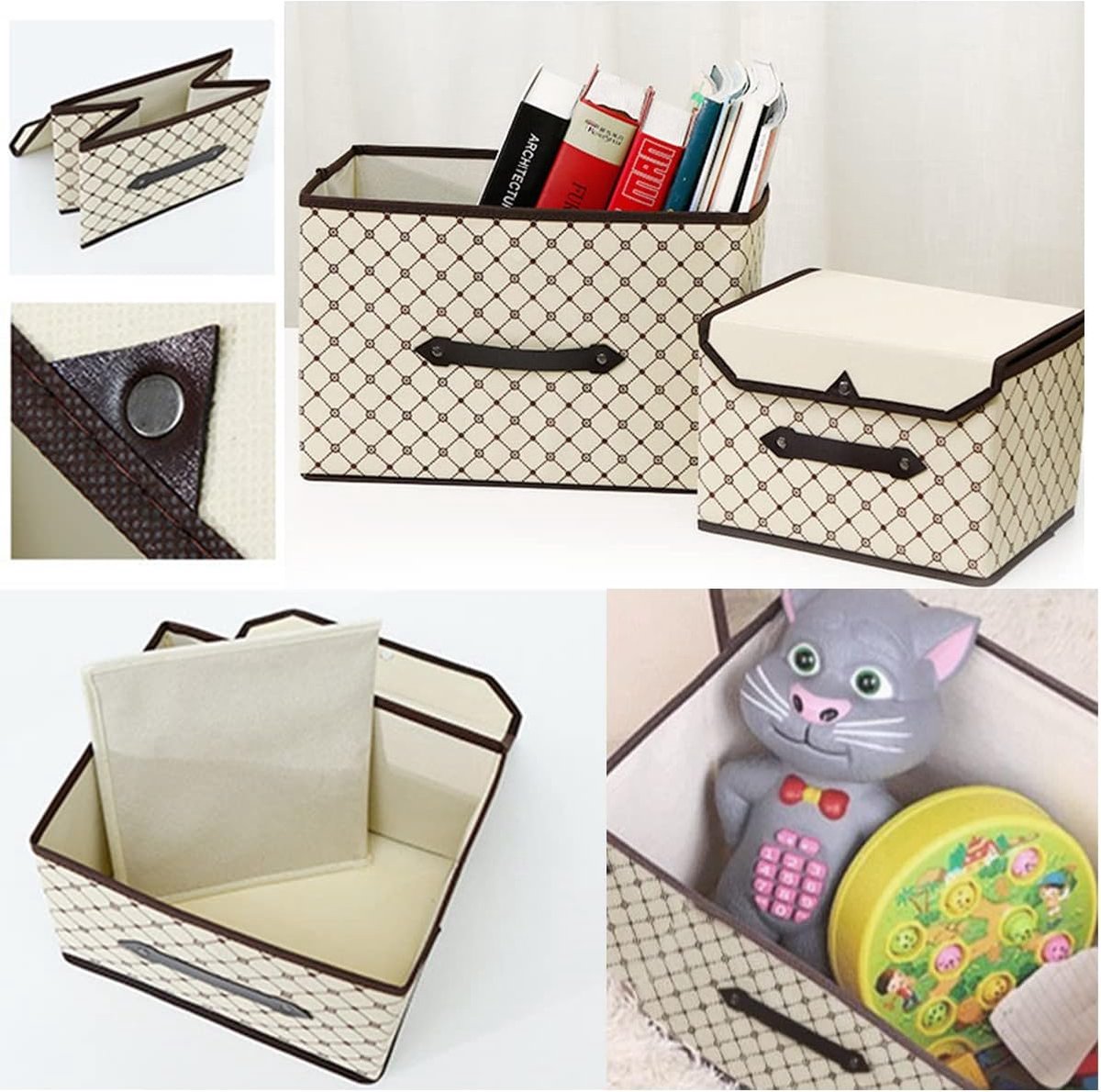 Storage box with lid, fabric, 4 pieces, foldable storage boxes for wardrobe, clothes, toys, books, cosmetics (beige plaid)