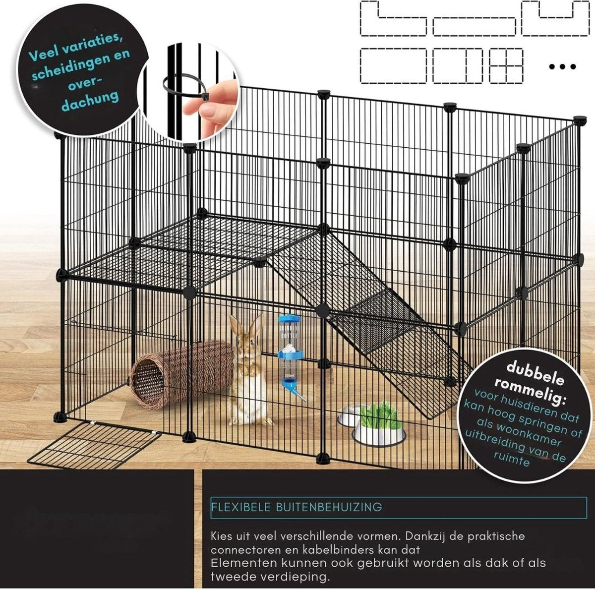 Konijnenhok Binnen - Konijnenhok - Konijnenren - Konijnenkooi – Dierenhuis – Konijnen Kooi – Dierenverblijf - Kattenbench - Kattenren Buiten en Binnen - Kattenkooi - 144 x 72 x 36 cm