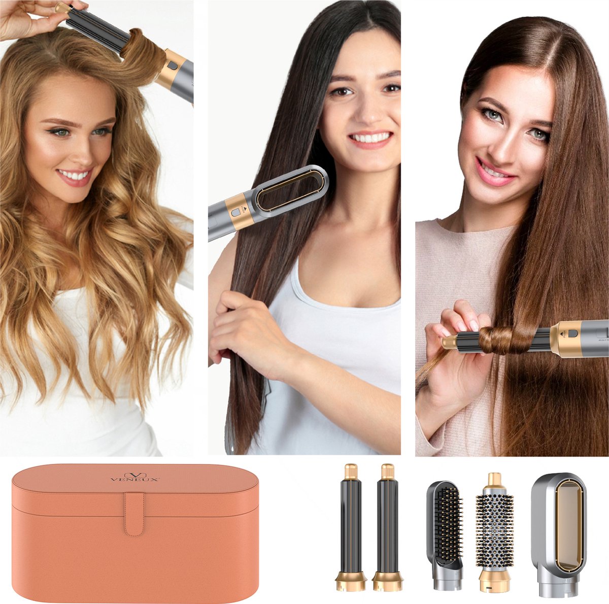 VENEUX® Föhnborstel - Airstyler - Krulborstel - Krultangen - 5-in-1 Multistyler - Met Opbergcase - Grijs Met Goud