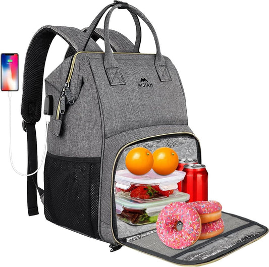 Laptop lunchrugzak voor dames 15,6 inch met geïsoleerd koelvak en USB-poort - Grijs, waterbestendige damesrugzak