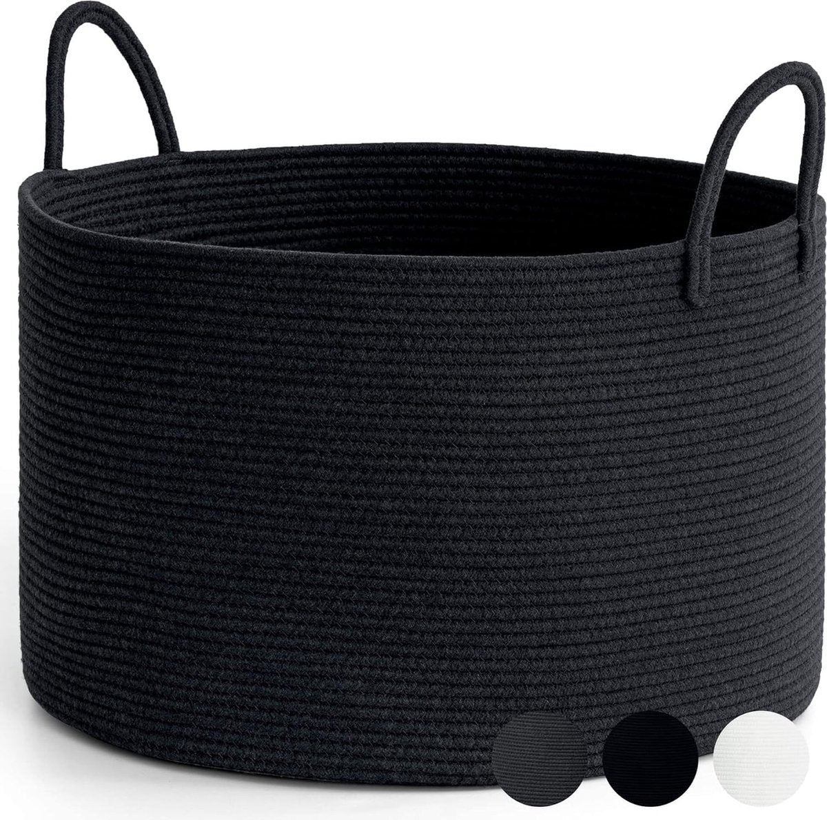 Laundry basket, braided storage basket, large cotton basket, towel basket for bathroom, basket for blankets living room, pillows, baby toys, storage basket, 55 x 35 cm, round, black