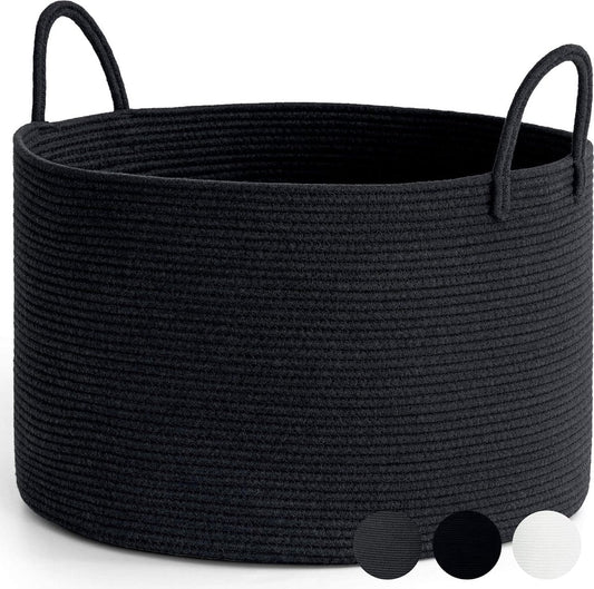 Laundry basket, braided storage basket, large cotton basket, towel basket for bathroom, basket for blankets living room, pillows, baby toys, storage basket, 55 x 35 cm, round, black