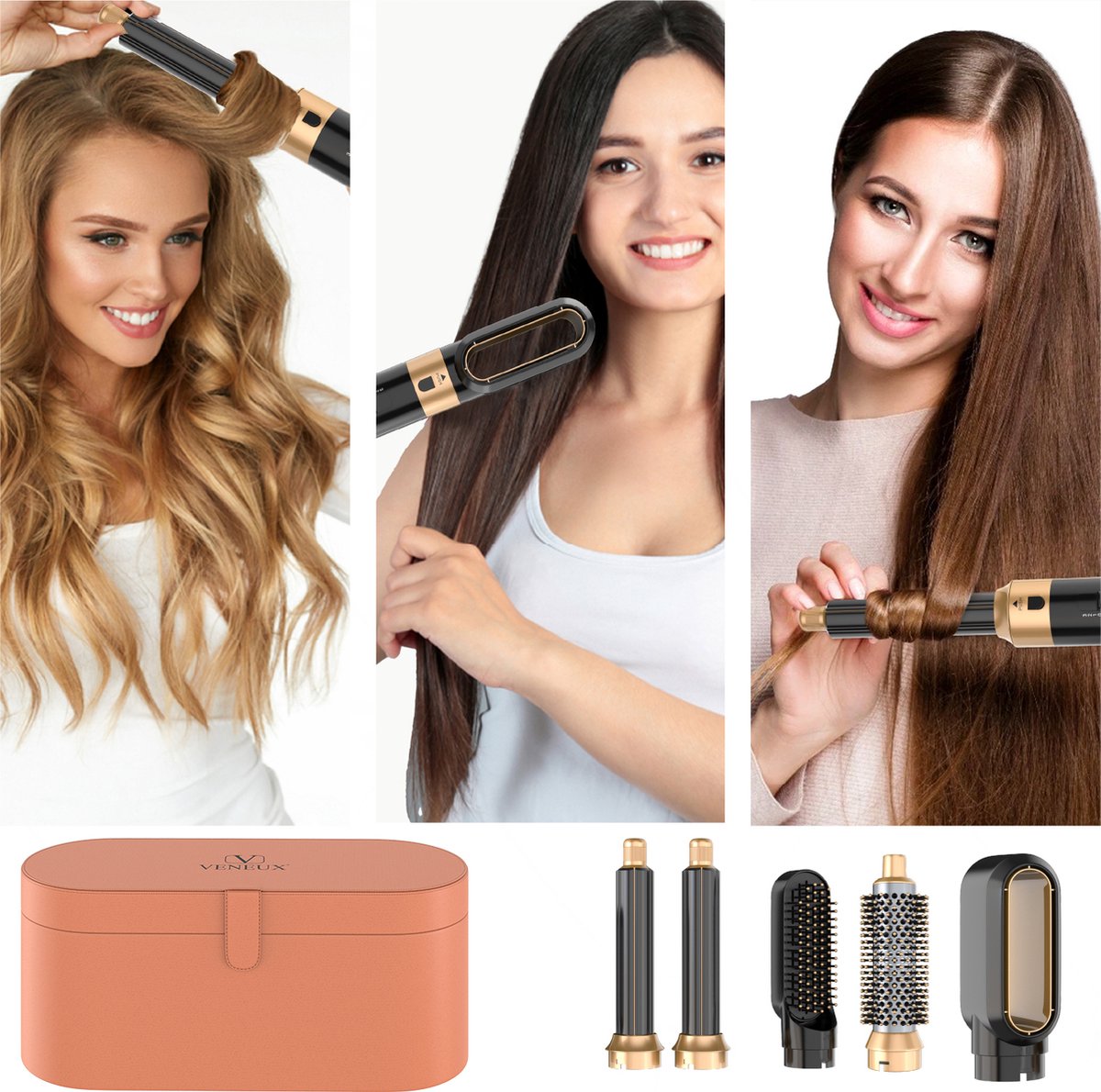 VENEUX® Föhnborstel - Airstyler - Krulborstel - Krultangen - 5 in 1 Multistyler - Met Opbergcase - Zwart Met Goud
