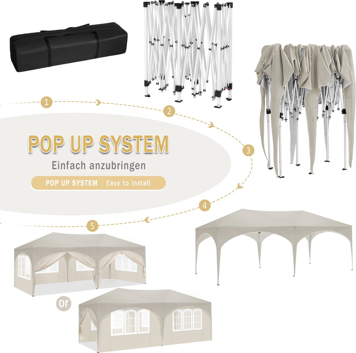 vanBoni - Partytenten - Partytent opvouwbaar - Partytent easy up met zijwanden - Waterdicht en Weersbestendig - 3x6 m - Beige