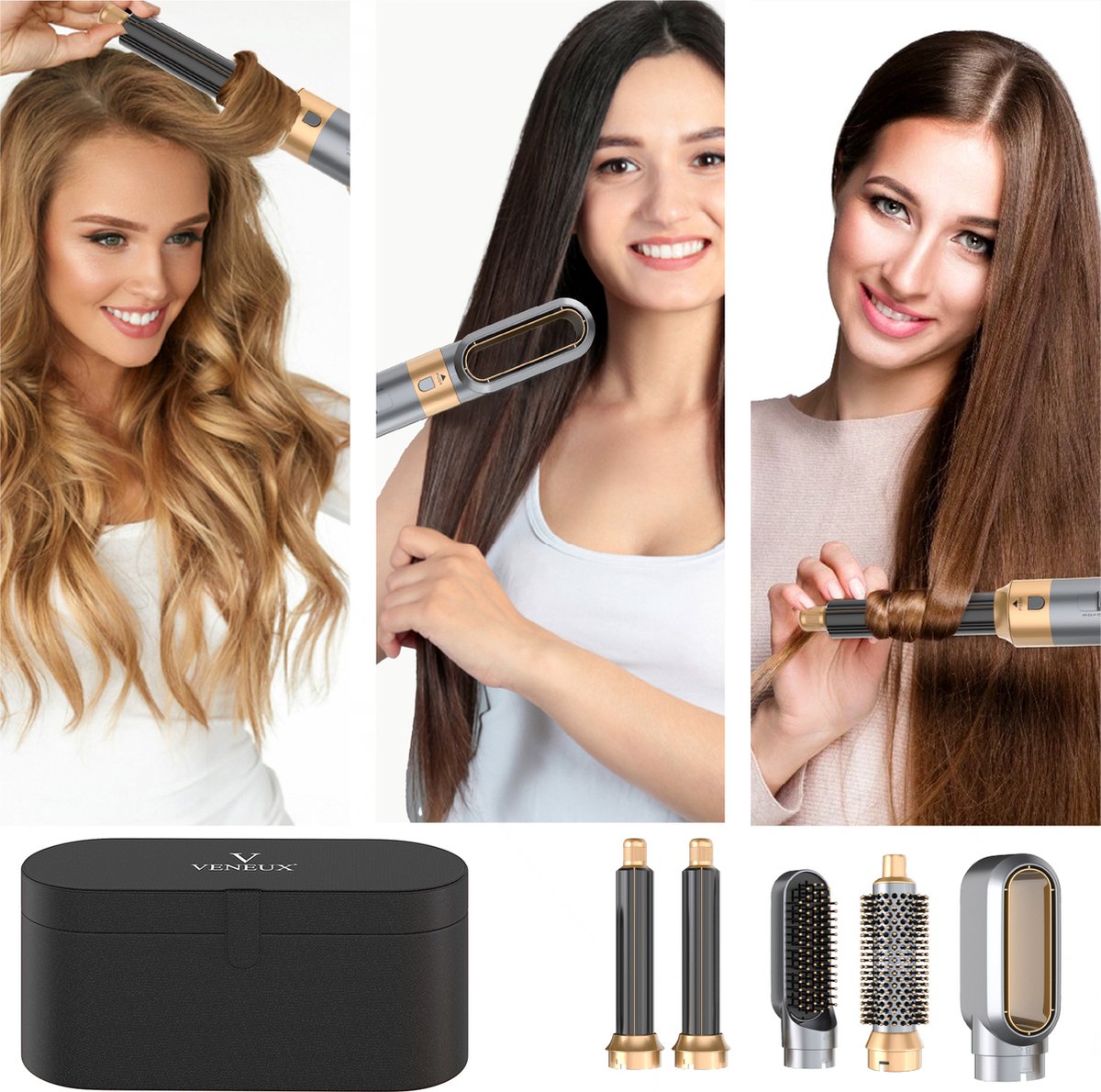 VENEUX® Föhnborstel - Airstyler - Krulborstel - Krultangen - 5 in 1 Multistyler - Met Opbergcase - Grijs Met Goud